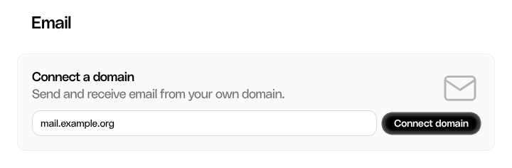 Email dashboard with mail.example.org entered in the Connect a domain field.