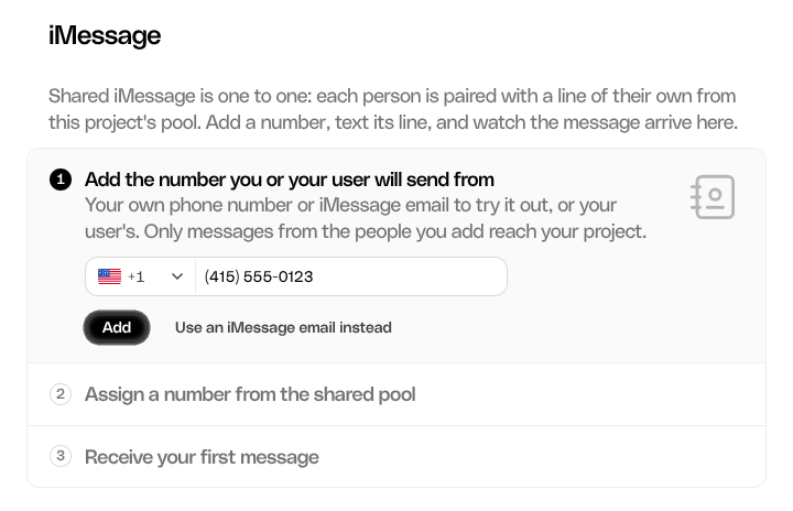 Shared iMessage setup asks for the number the user will send from, with Add and an email alternative.