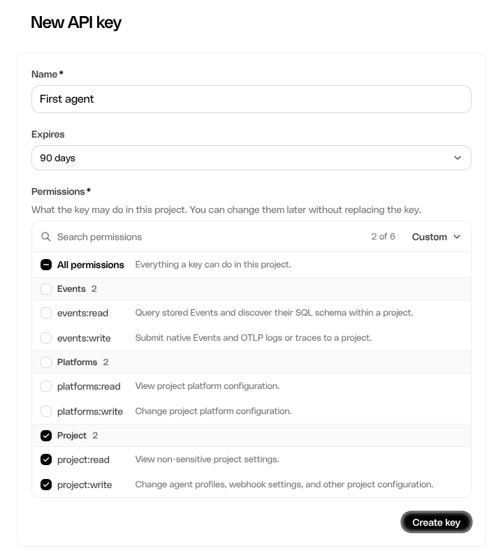 New API key form named First agent with project:read and project:write selected.
