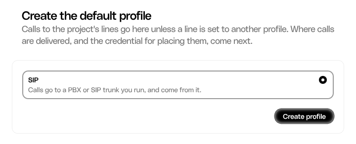 Photon Create the default profile form with SIP selected and Create profile available.