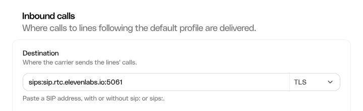 Photon Inbound calls destination set to sips:sip.rtc.elevenlabs.io:5061 with TLS selected.