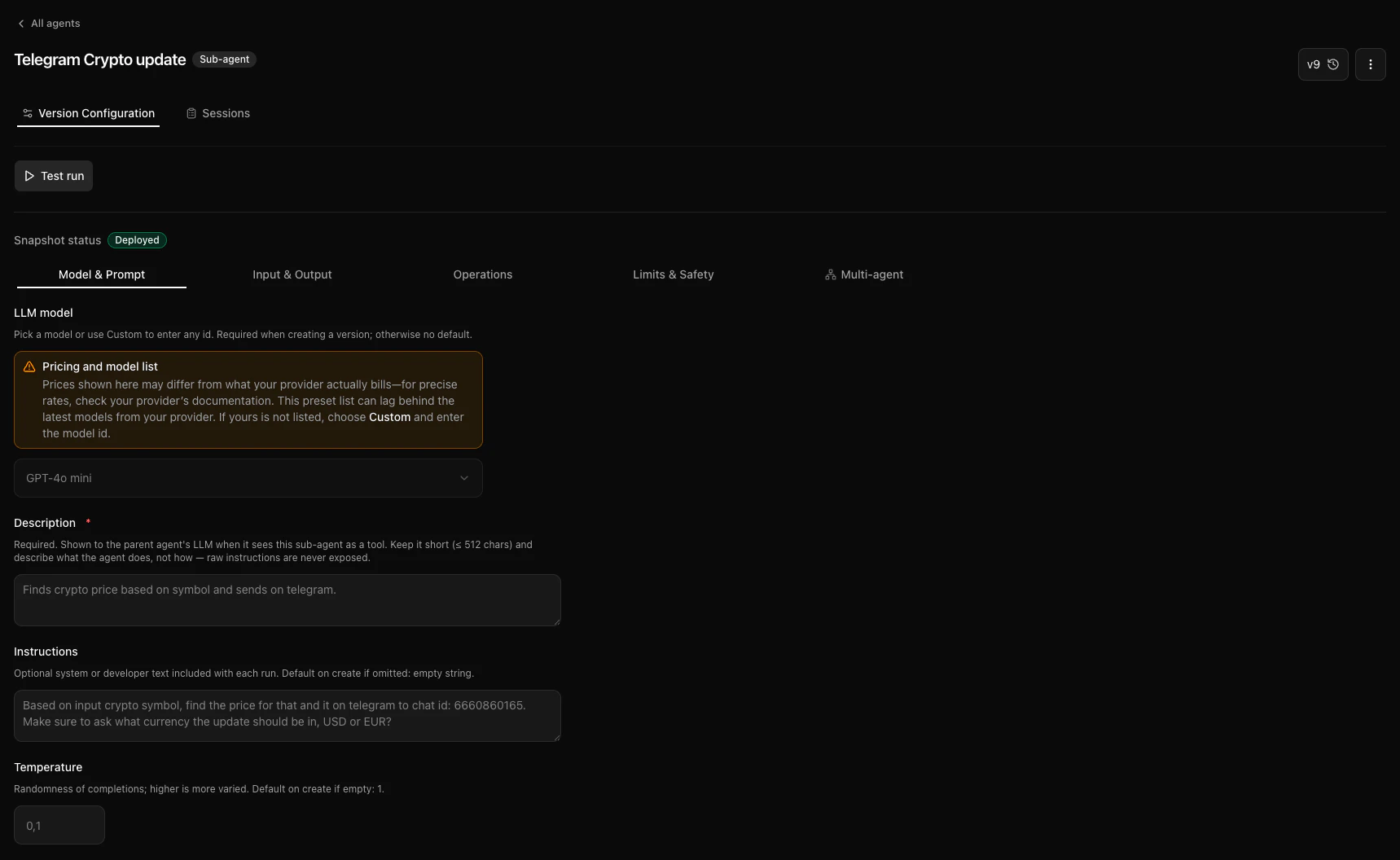 Phrony agent detail: name, HITL execution mode, and version area