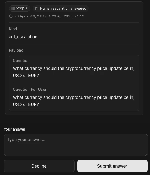 Phrony session view: AITL escalated question with a field to answer and continue the run