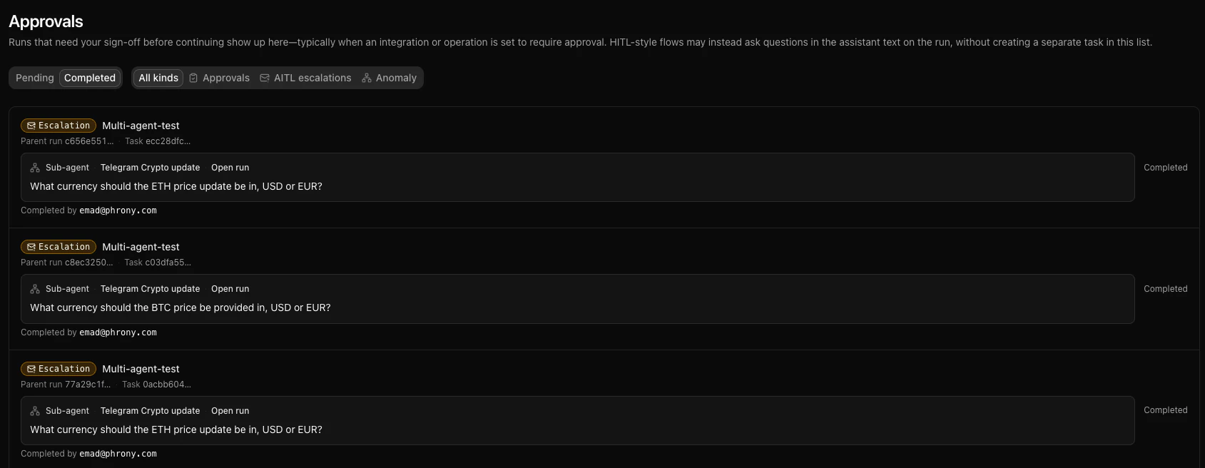 Phrony Approvals page with Pending, Completed, and kind filters