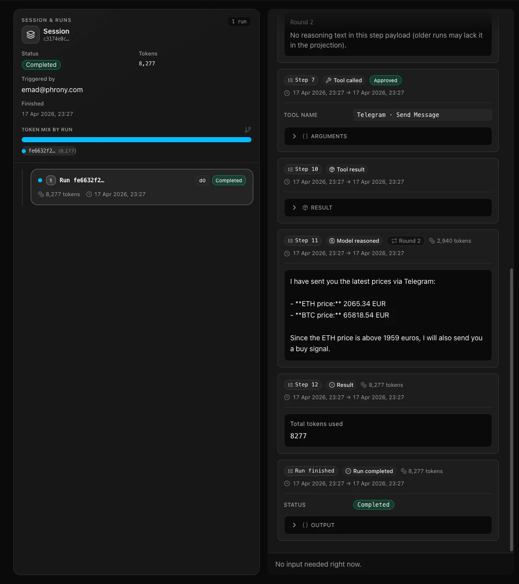 Phrony advanced mode session view with extra panels and controls