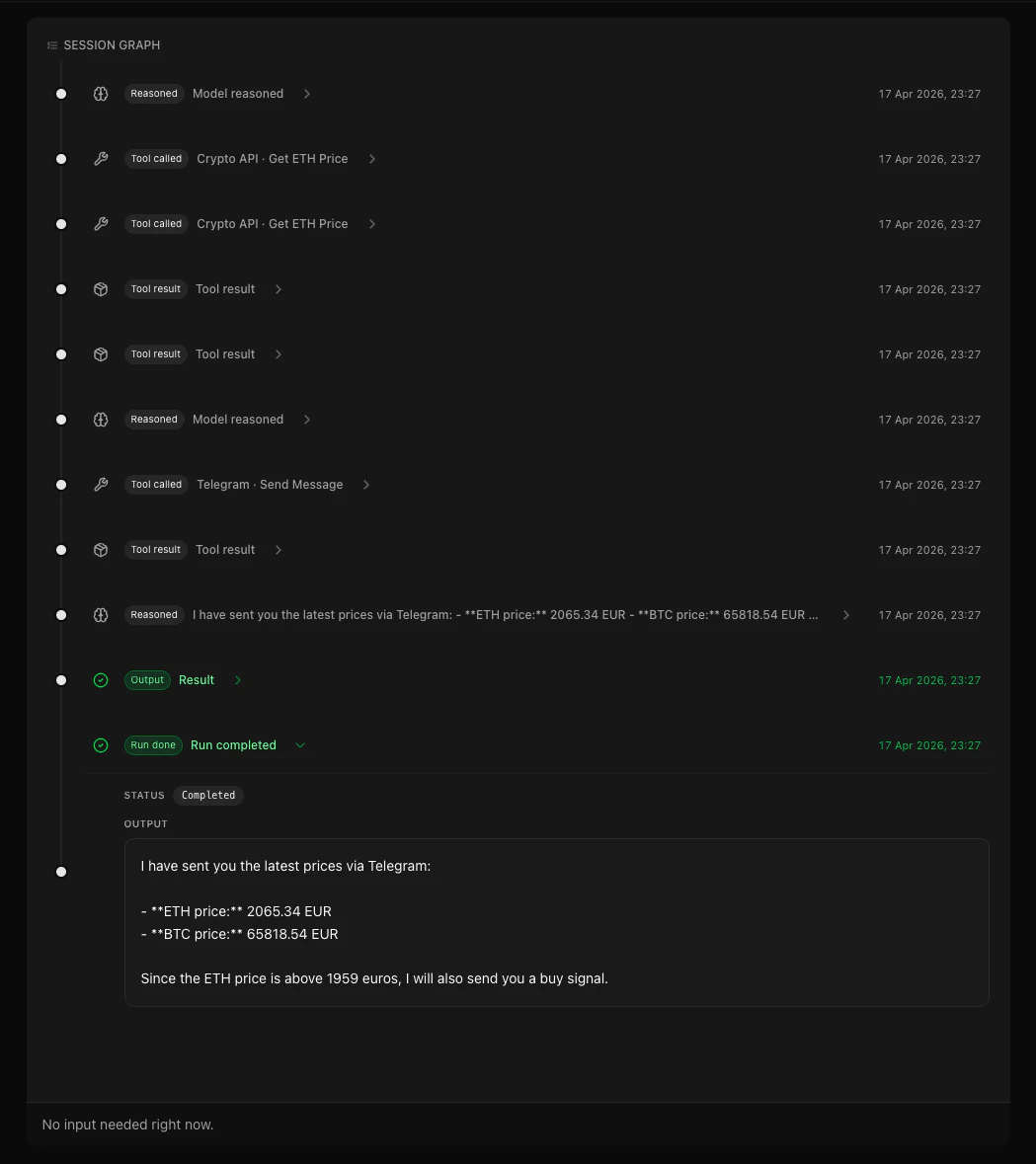 Phrony basic mode session or run view with timeline and run details
