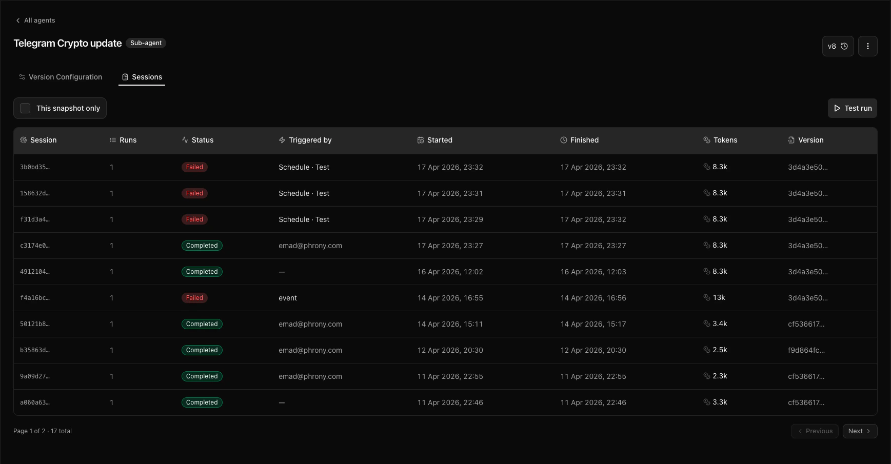 Phrony sessions table with Session, Agent, Status, and other columns
