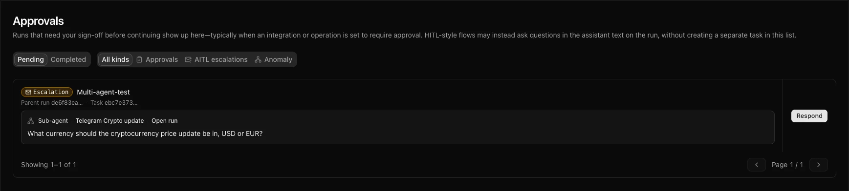 Phrony user task or review list with Approve, Reject, and context for a pending item