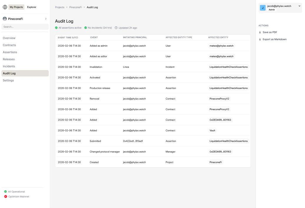 Project audit log showing timestamped project, assertion, contract, manager, and invalidation events