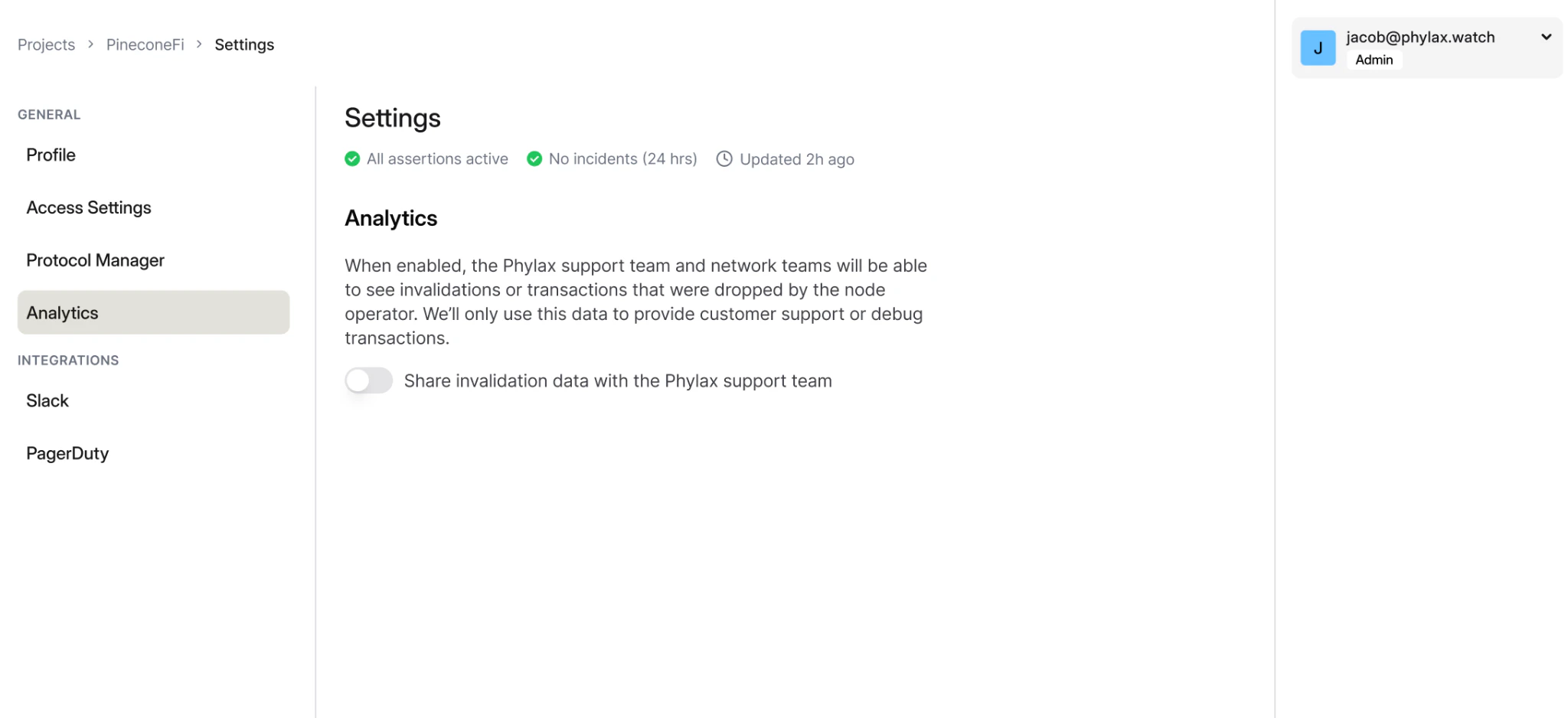 Project settings showing analytics sharing controls and integration options