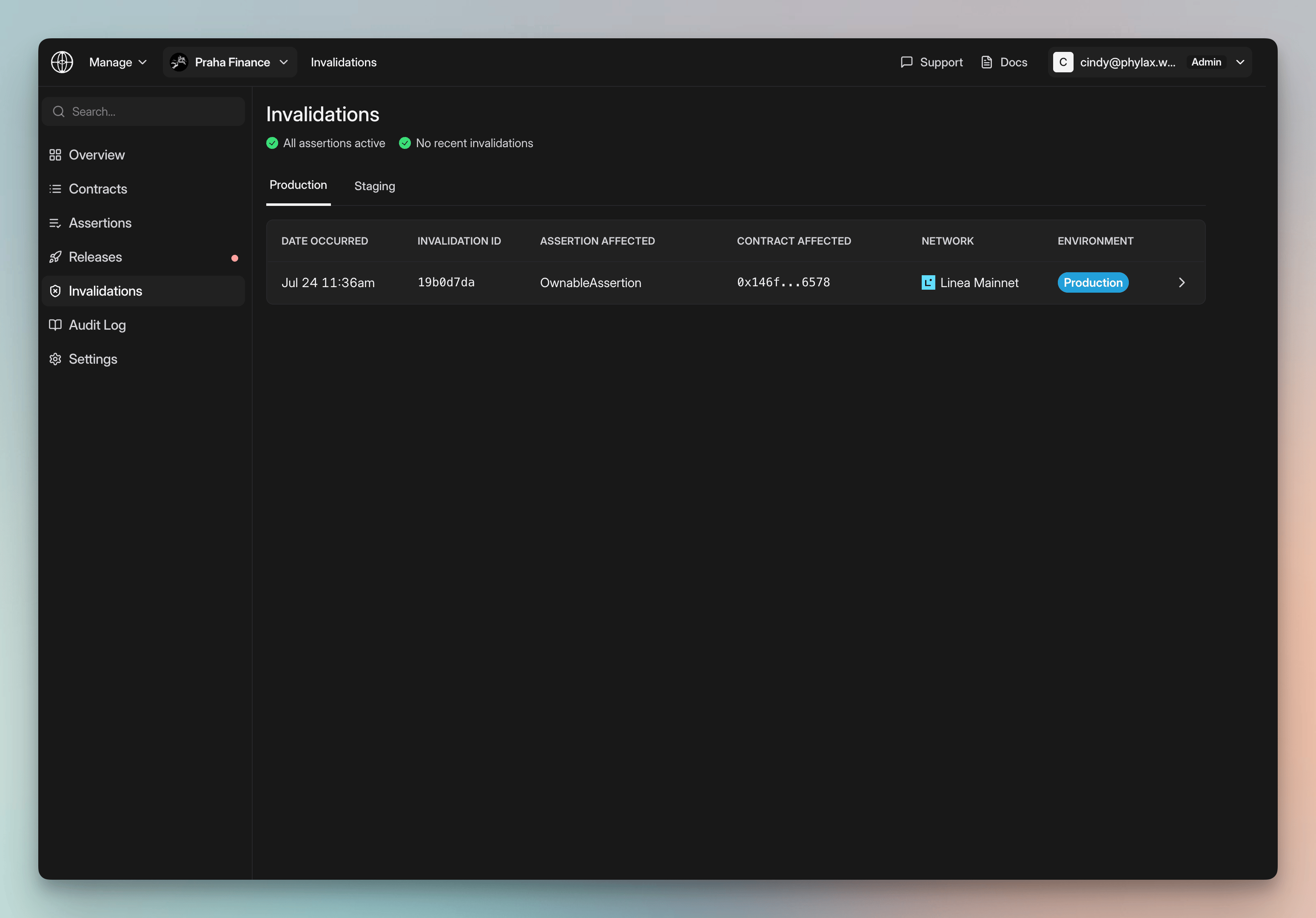 Project invalidations page showing production and staging tabs with the date, invalidation ID, affected assertion, affected contract, network, and environment
