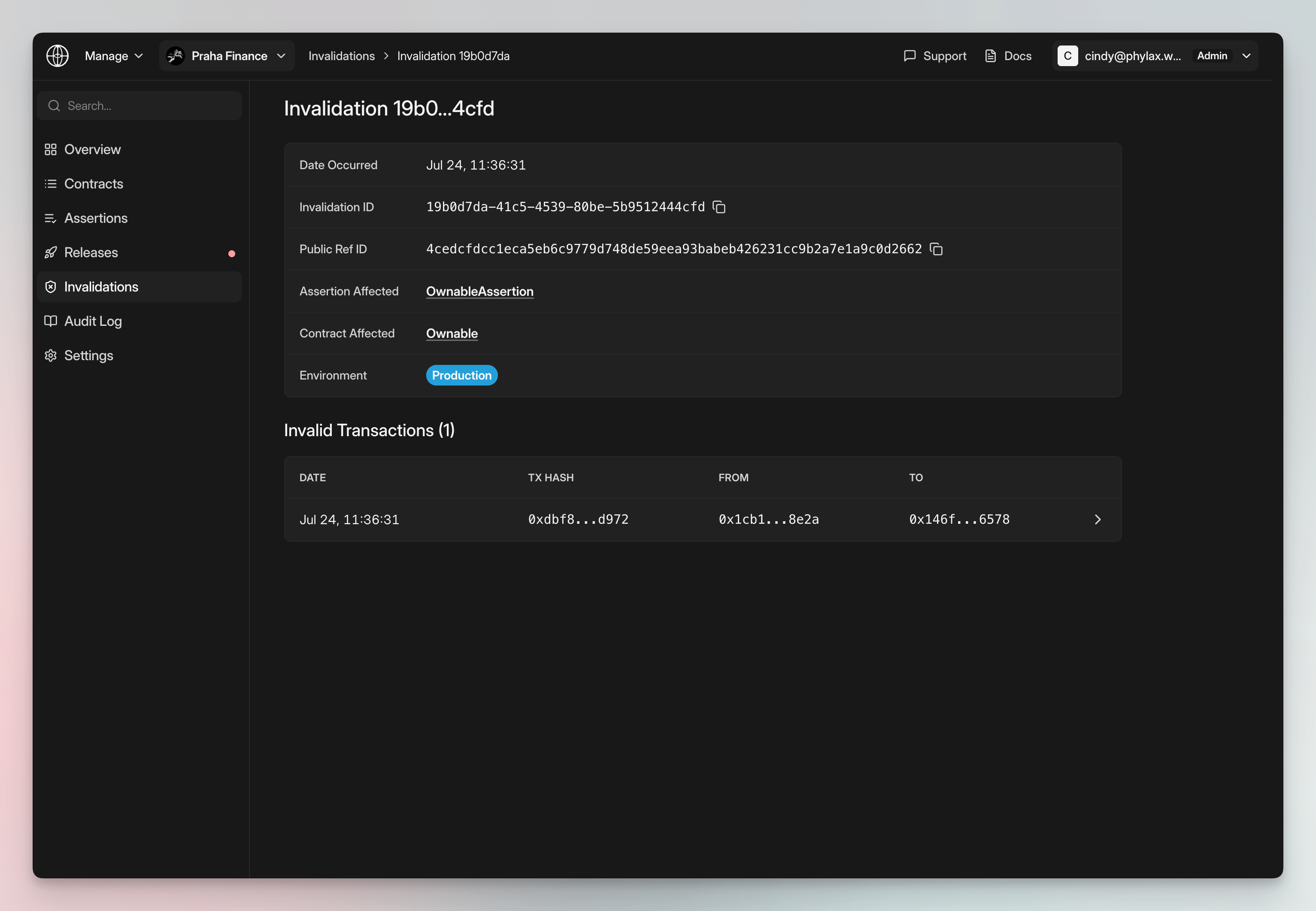 Invalidation event showing the date, invalidation ID, public reference ID, affected assertion, affected contract, environment, and invalidating transaction