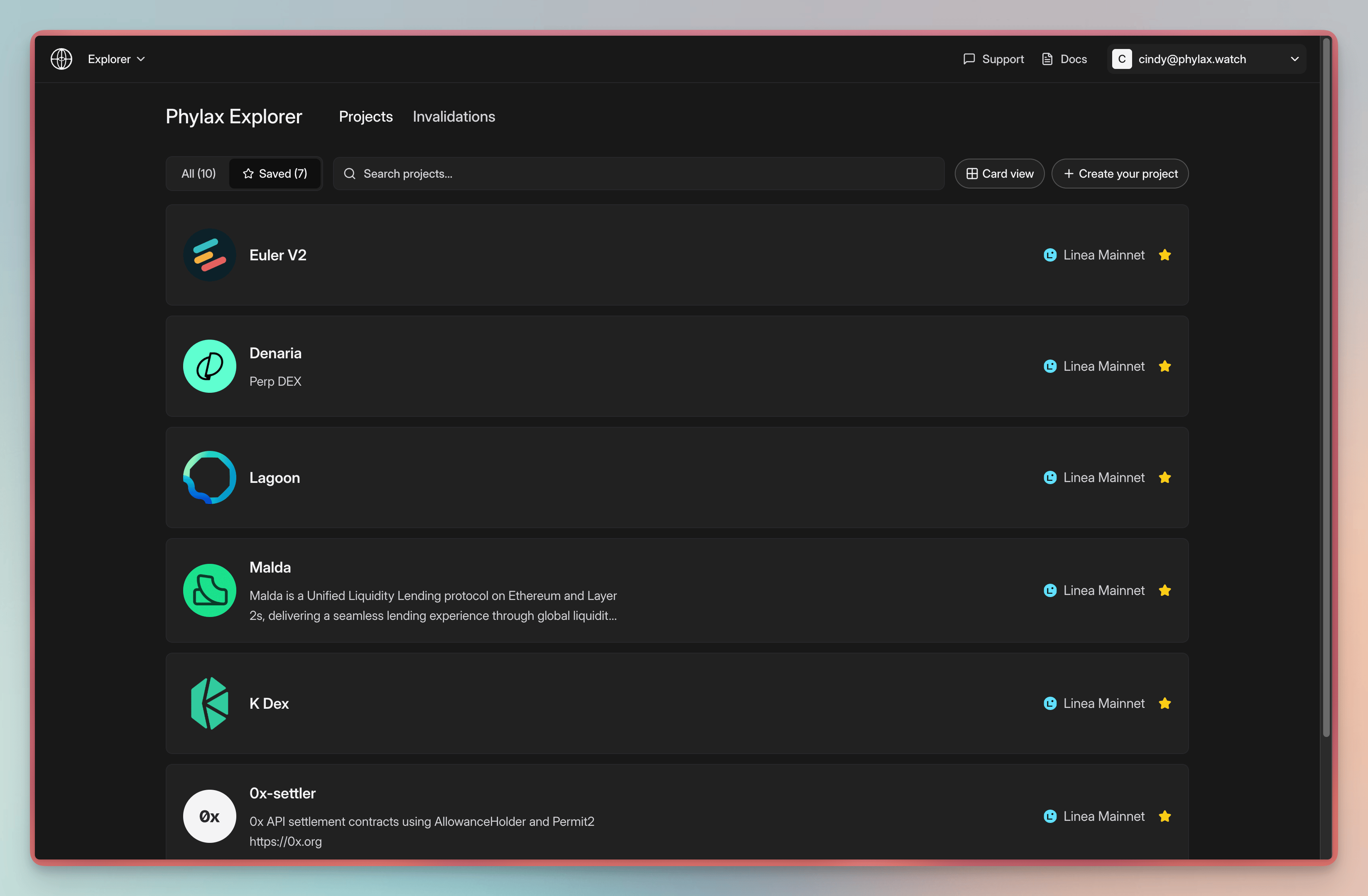 The Phylax Explorer project directory showing public protocol projects, search, saved projects, and network labels