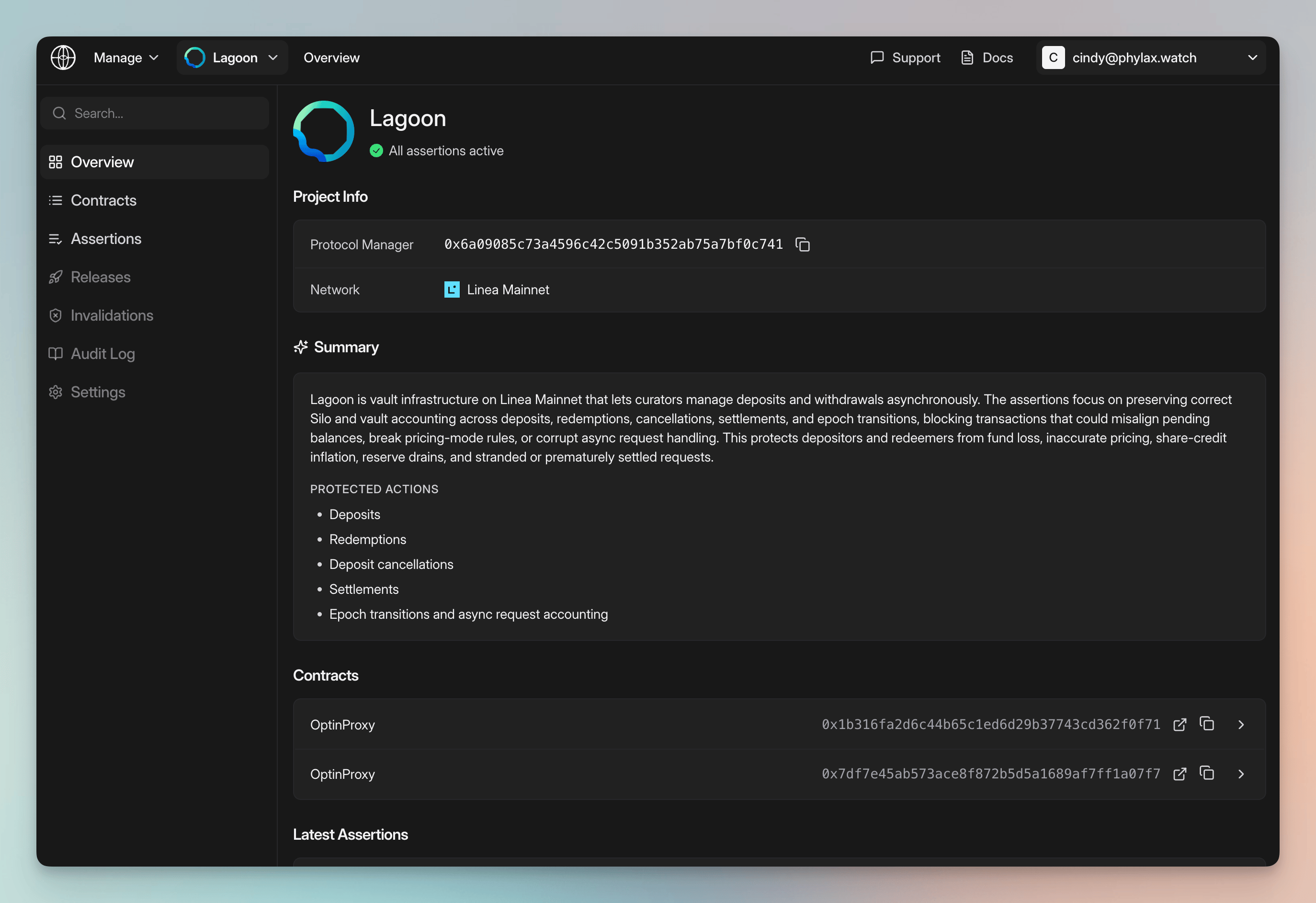Project overview showing project information, active assertion status, protected actions, and a release-generated summary