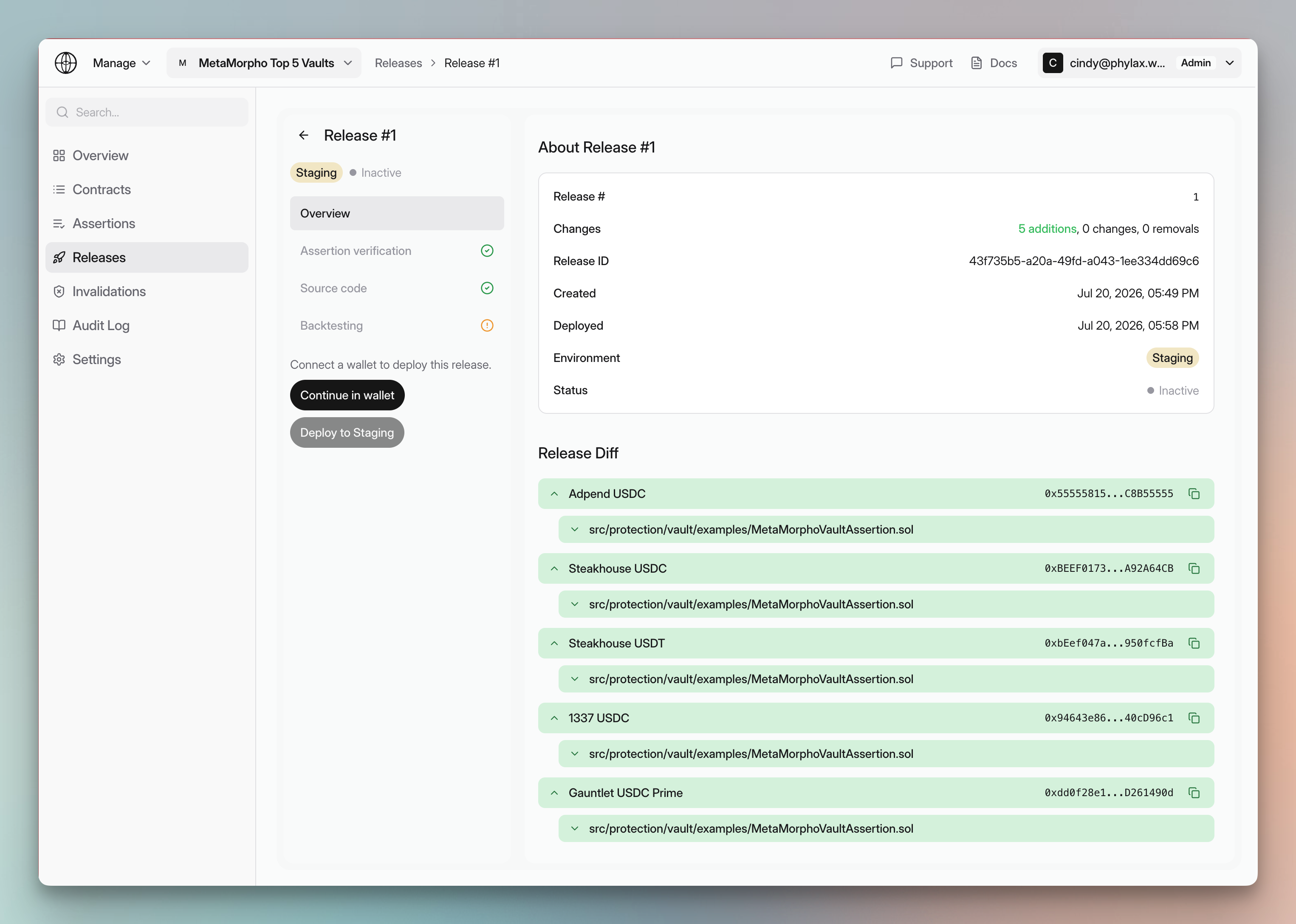 Release overview showing the environment, status, verification checks, and assertions added by the release