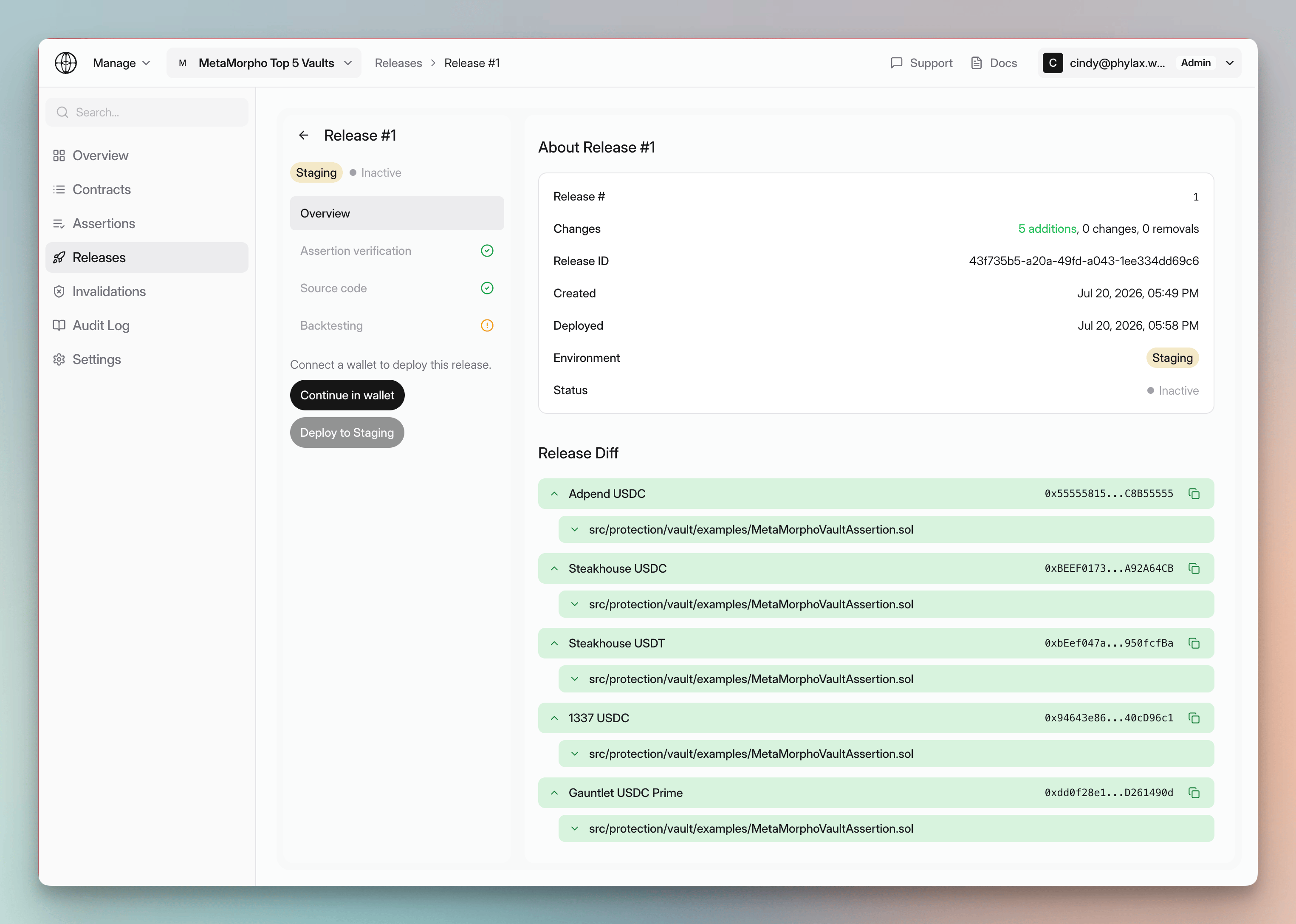 Release overview showing the environment, status, verification checks, and assertions added by the release