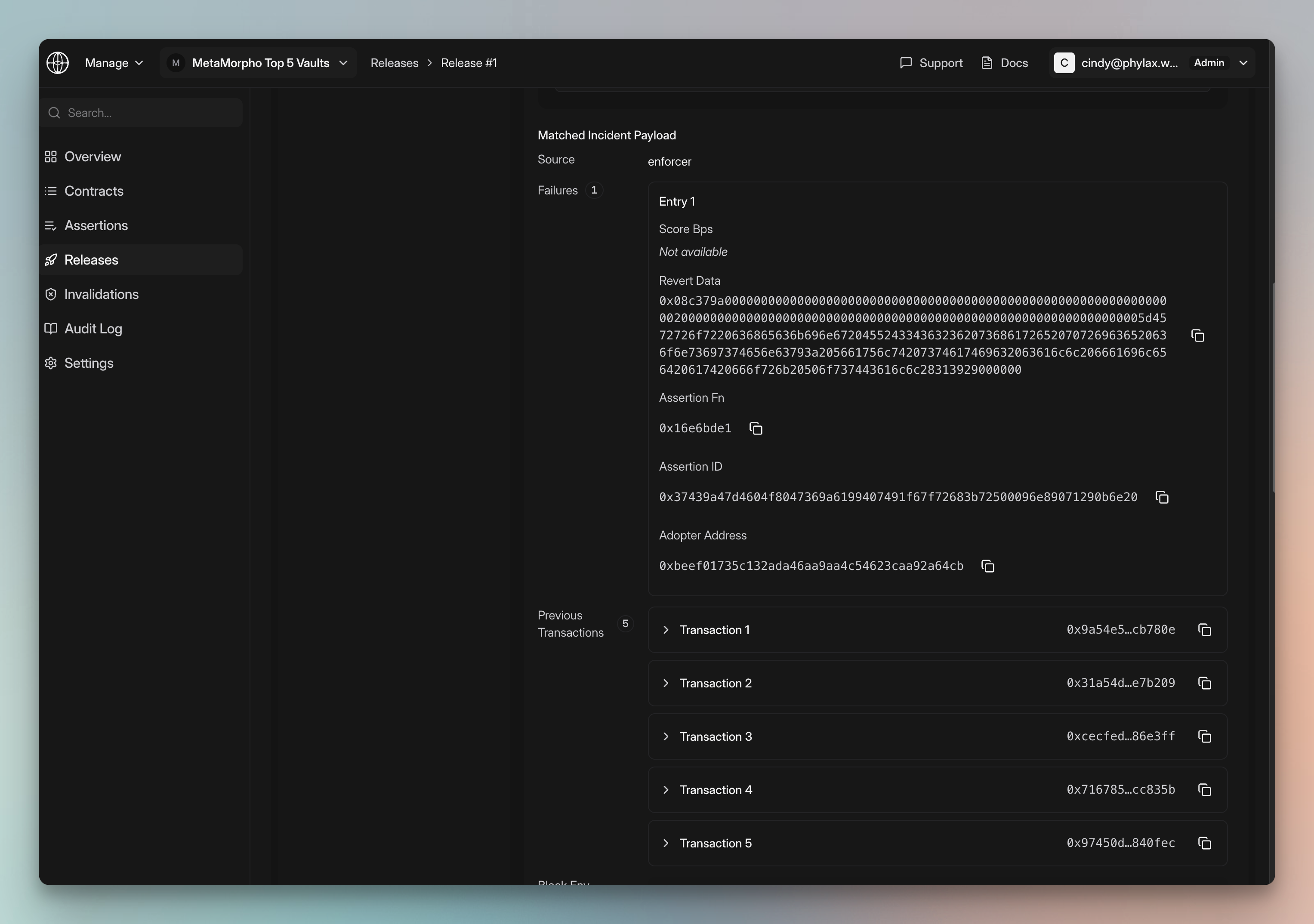 Matched incident payload with revert data, assertion metadata, and previous transactions from the backtest