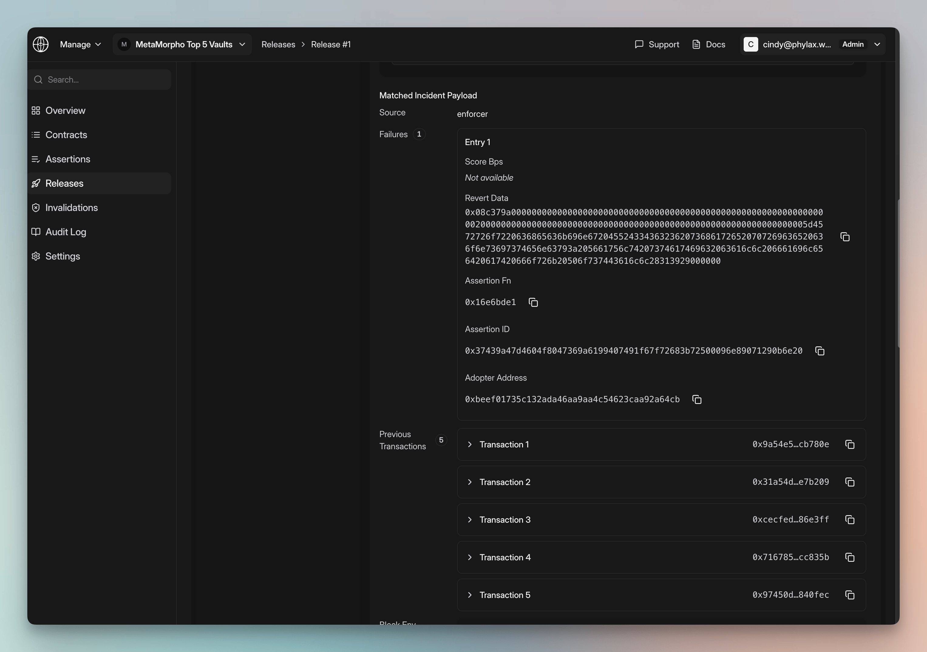Matched incident payload with revert data, assertion metadata, and previous transactions from the backtest