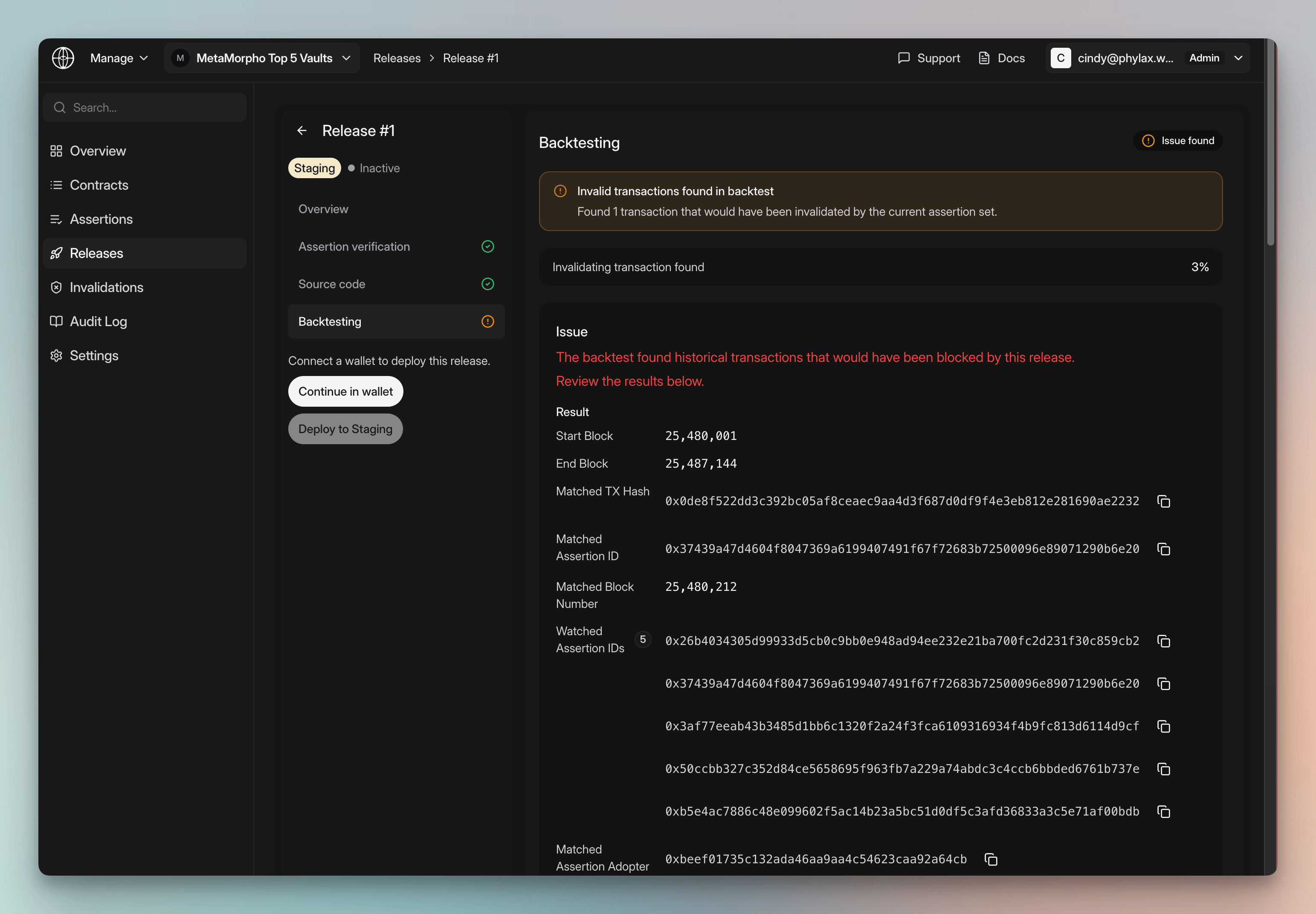 Backtesting result for a release showing one historical transaction that would have been invalidated
