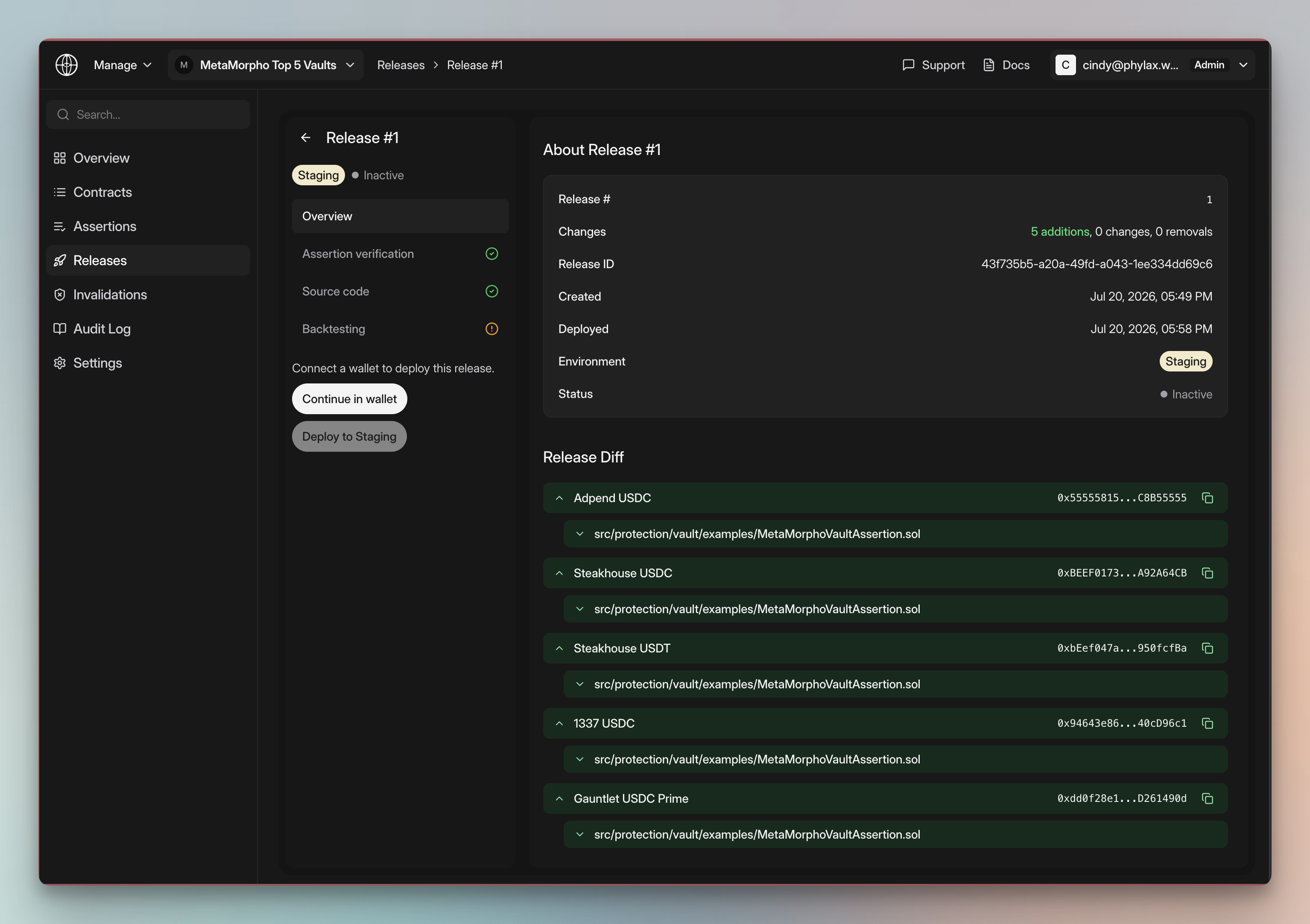 Release overview for the MetaMorpho Top 5 Vaults project with assertion verification, source code, and backtesting checks