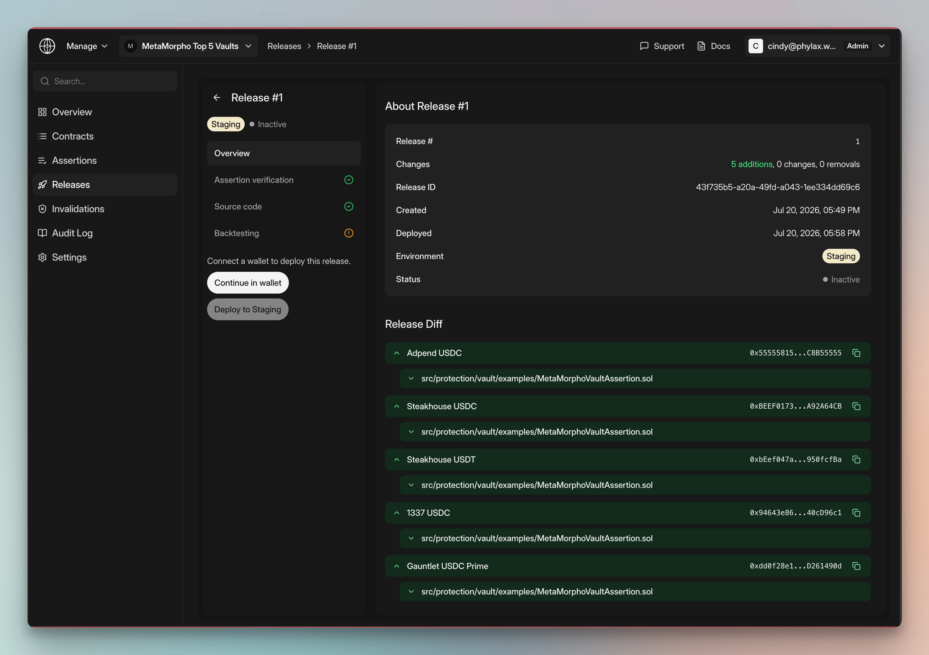 Release overview for the MetaMorpho Top 5 Vaults project with assertion verification, source code, and backtesting checks