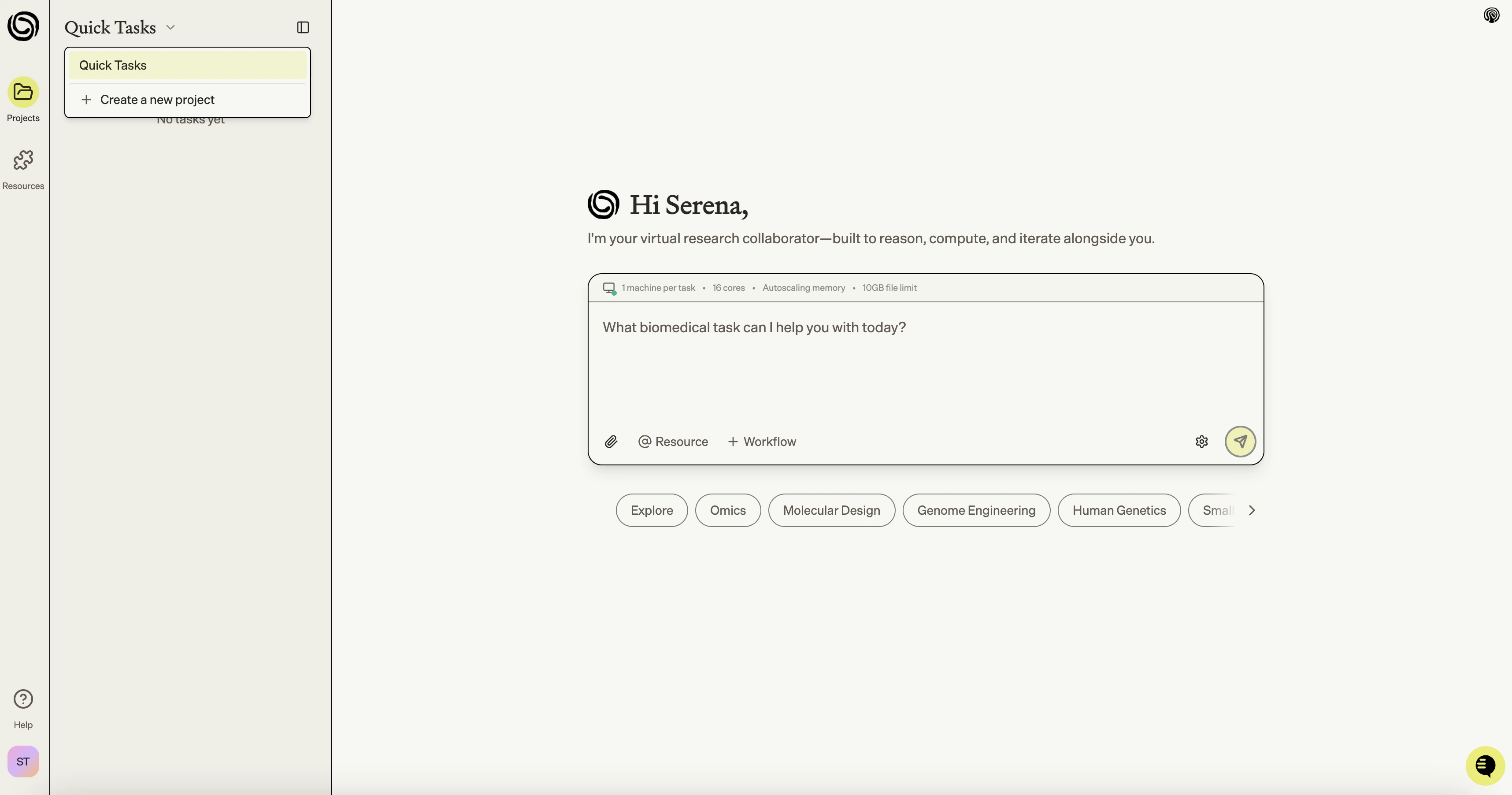 Creating a Quick Task from the sidebar menu