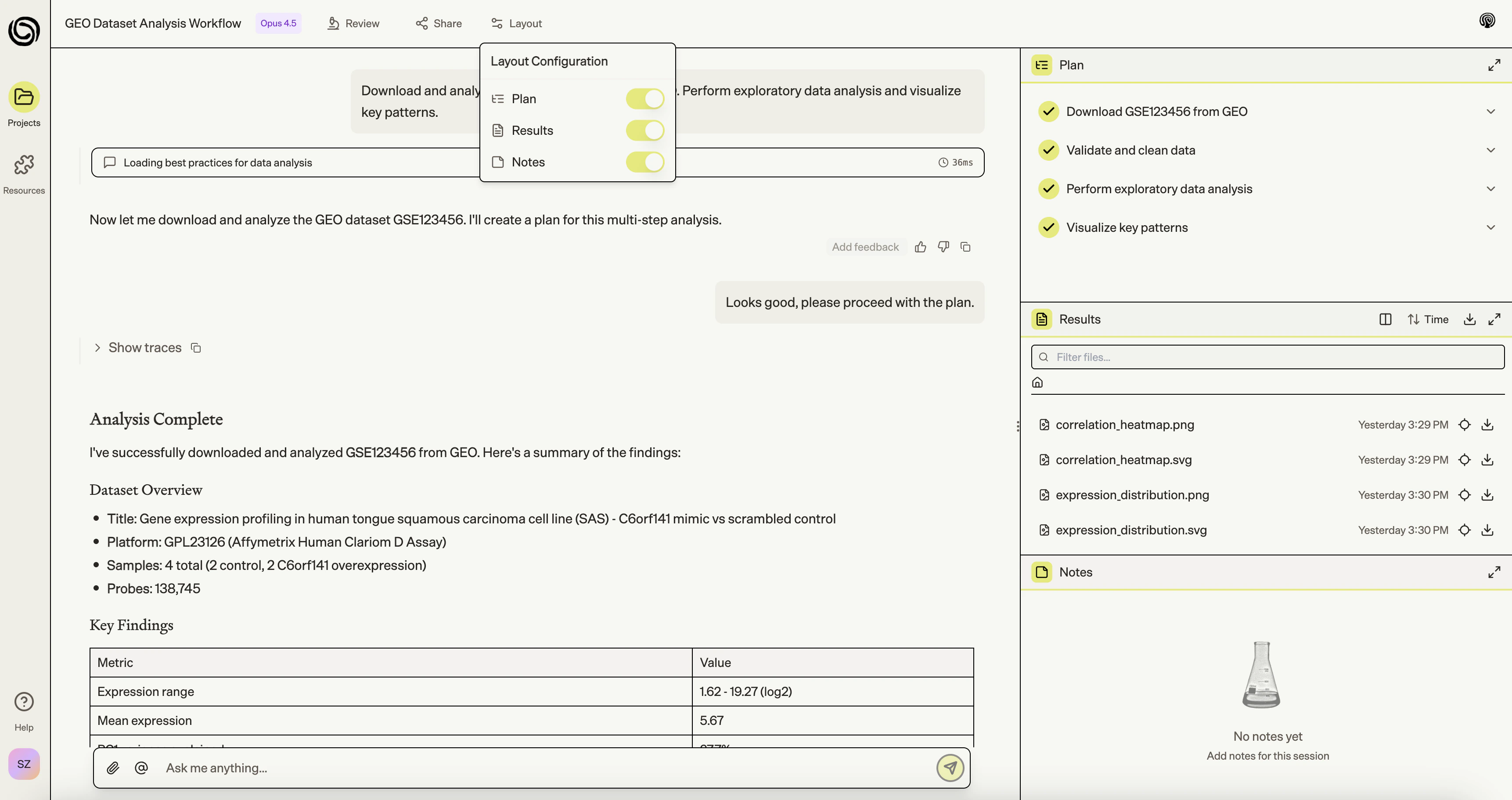 Layout showing Plan, Results, and Notes modules