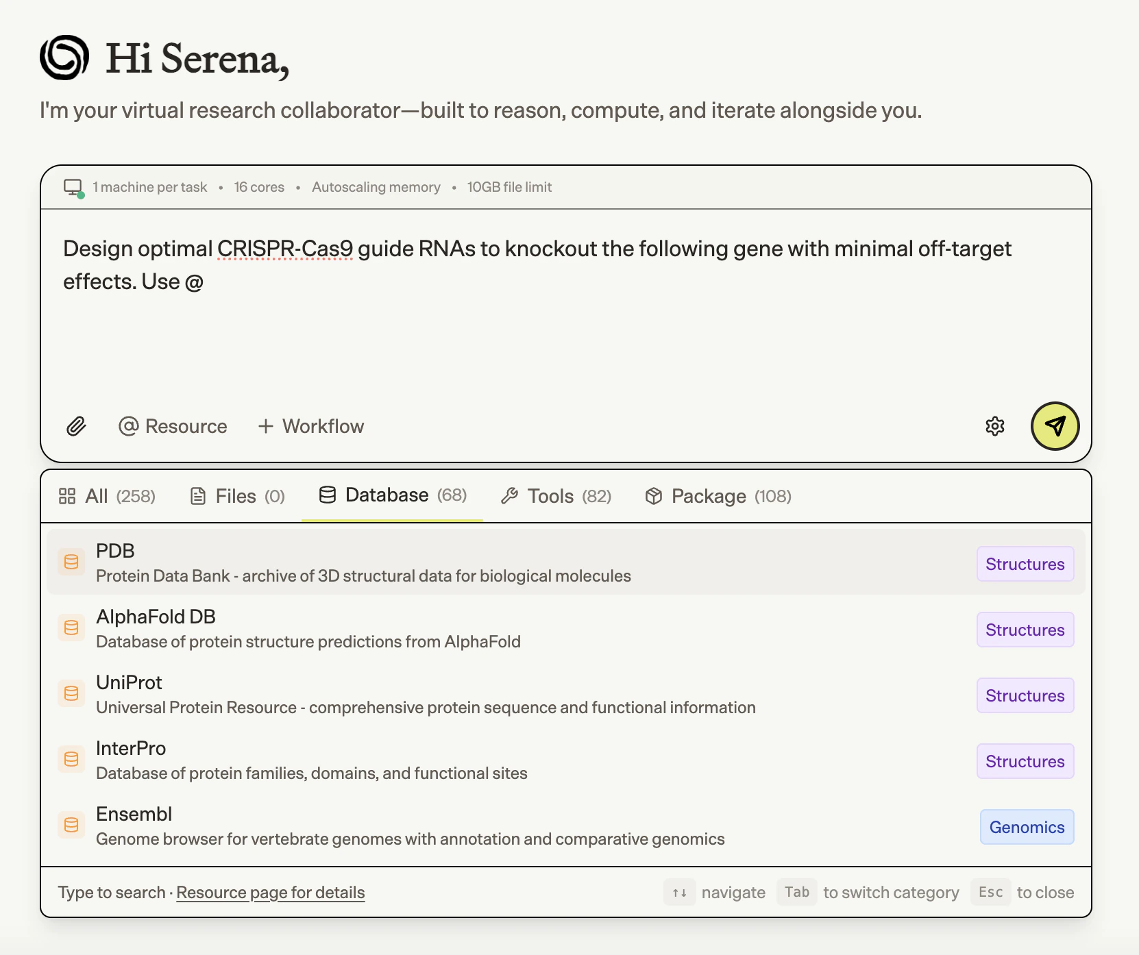 @ mention dropdown showing files, databases, tools, and packages