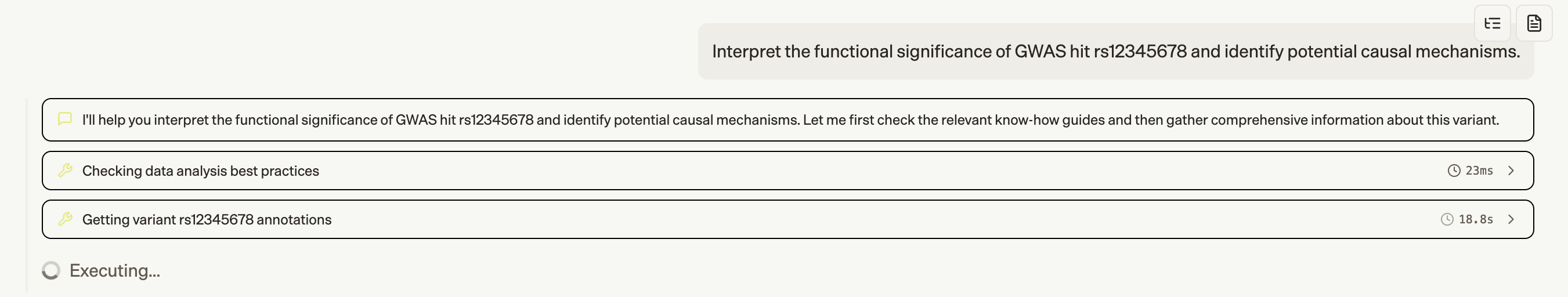 Execution trace showing thinking, tool calls, and results