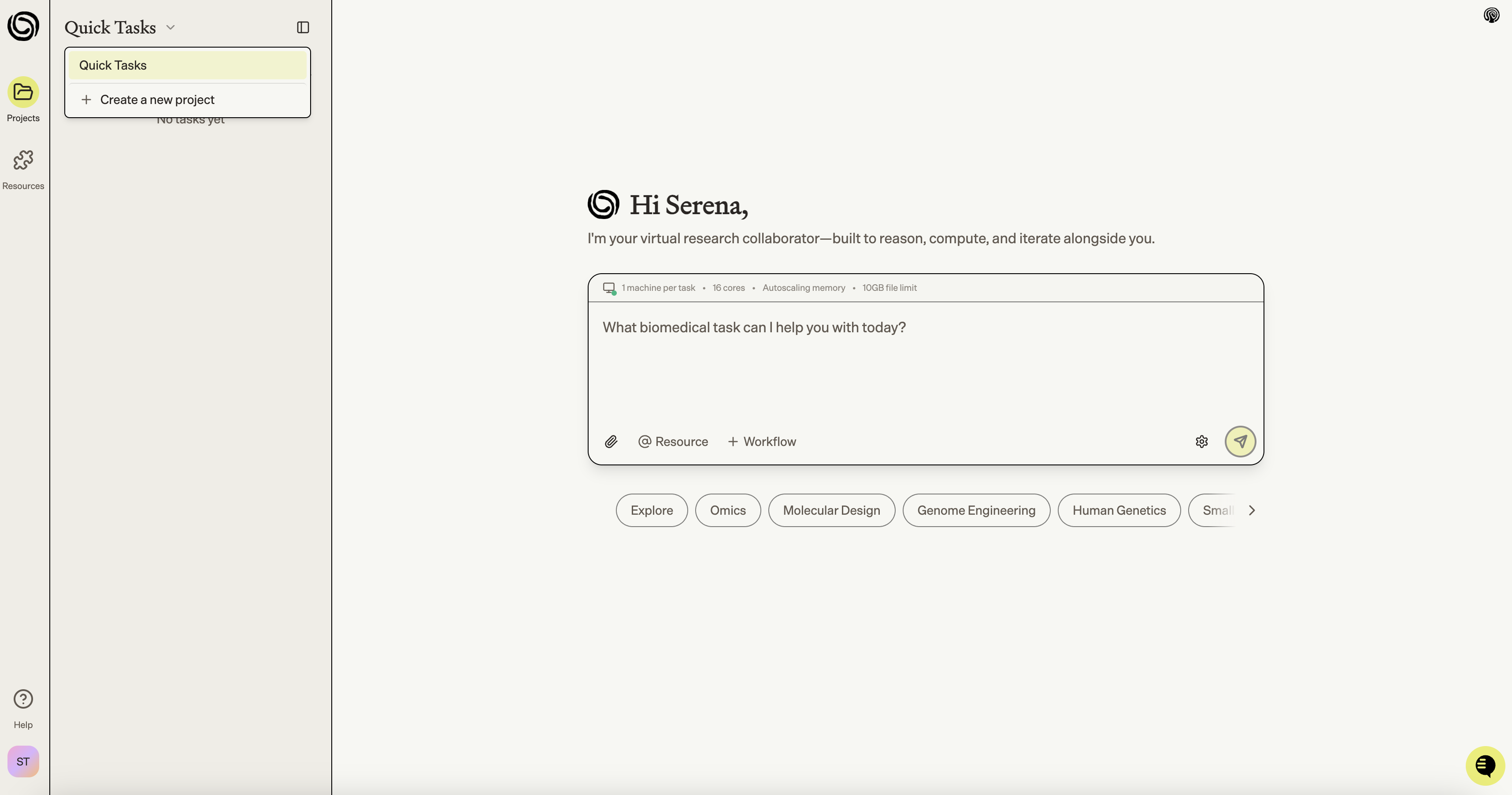 Creating a Quick Task from the sidebar menu