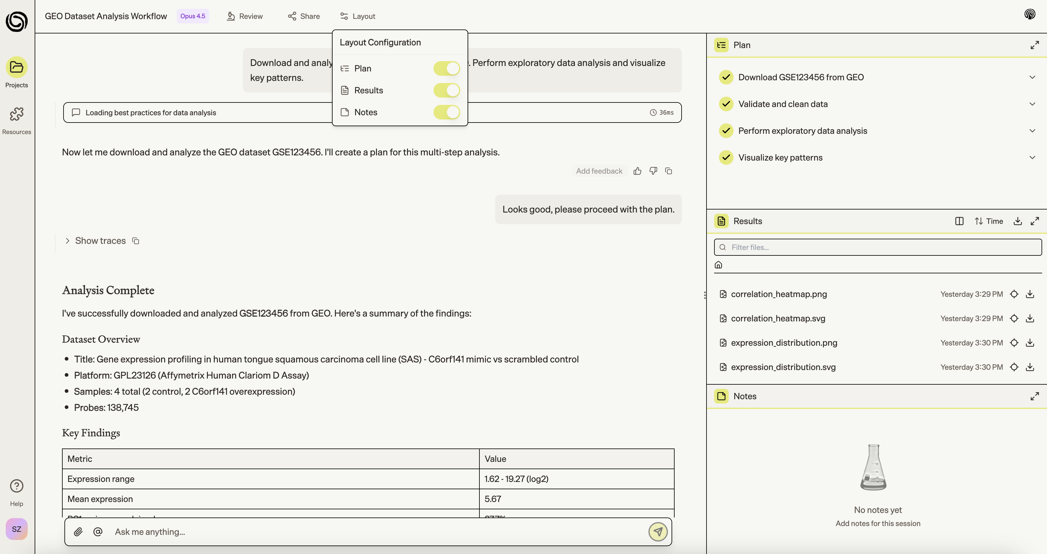 Layout showing Plan, Results, and Notes modules