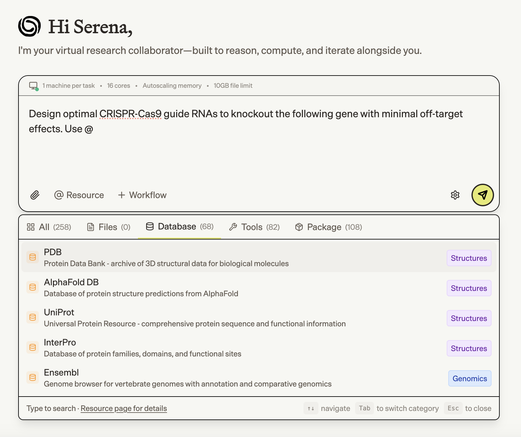 @ mention dropdown showing files, databases, tools, and packages