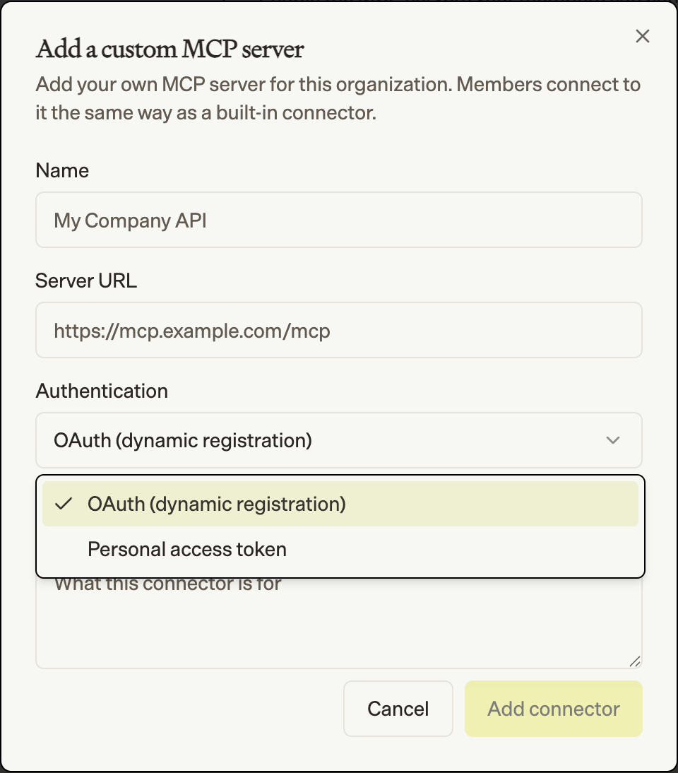 Add a custom MCP server dialog with Name, Server URL, and Authentication fields