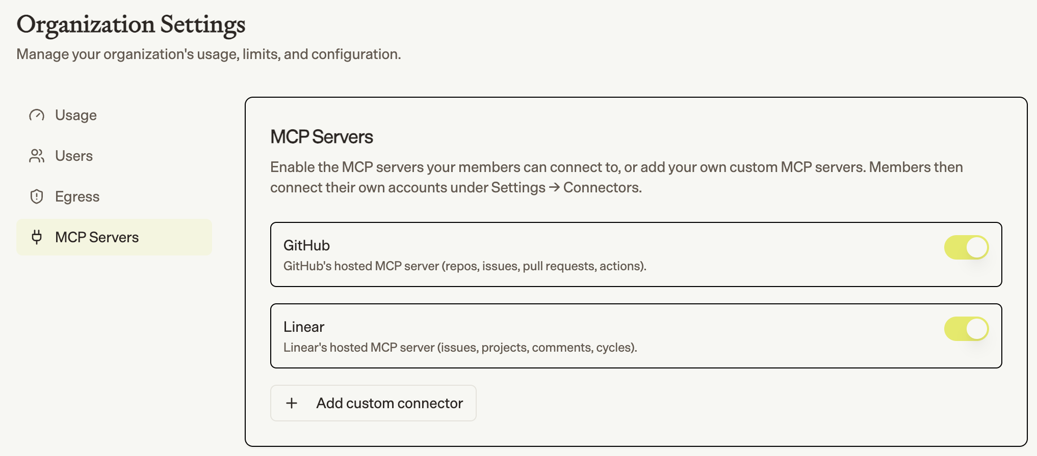 Admin connector list with enable switches and an Add custom connector button