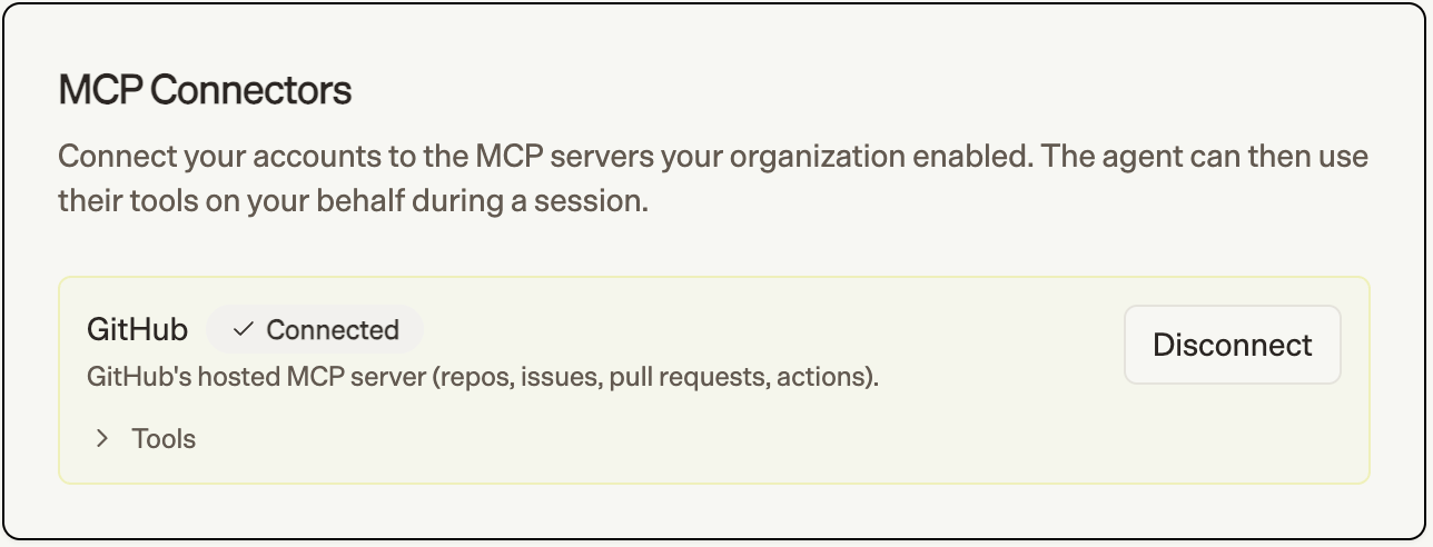 Settings Connectors panel showing the MCP Connectors card with GitHub in the Connected state