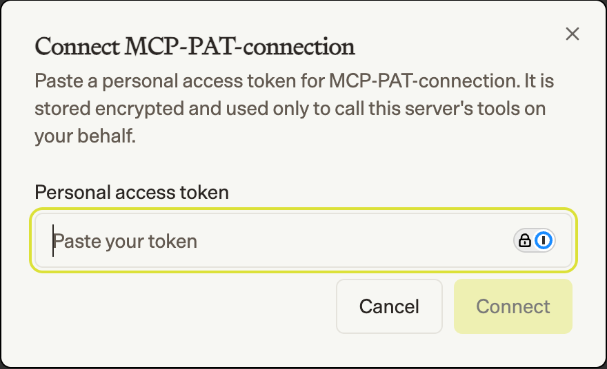 Connect dialog with a Personal access token field