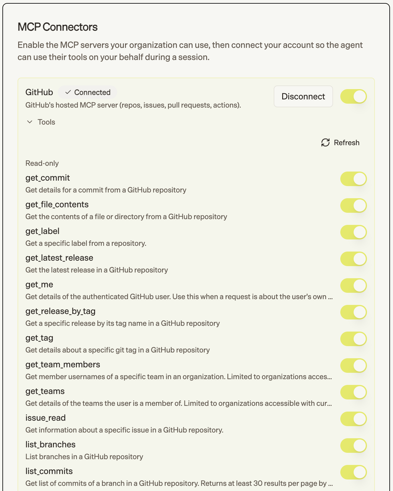 Expanded Tools panel with per-tool switches and a Refresh button