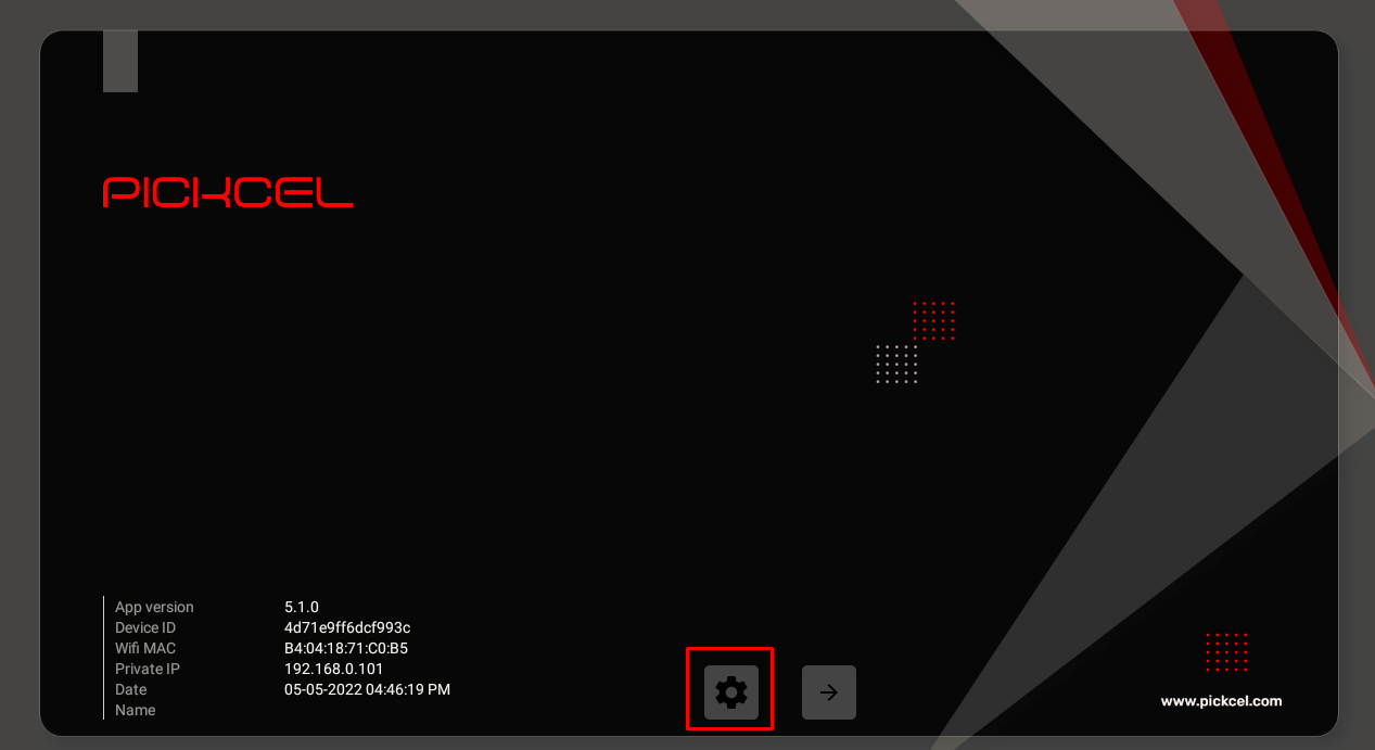 Pickcel app settings screen