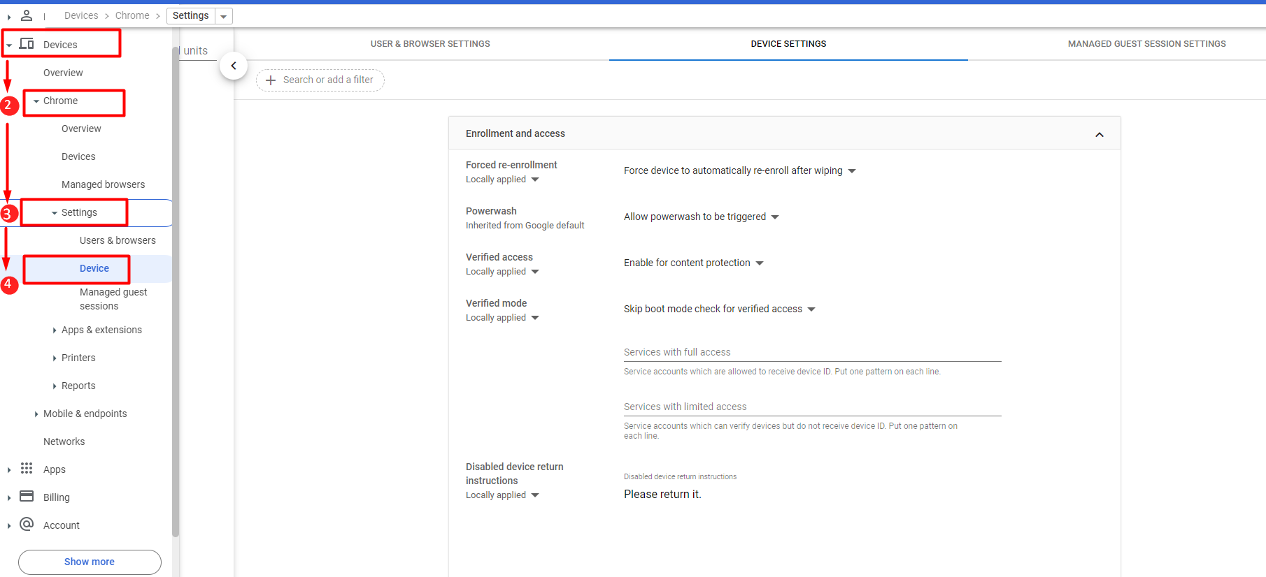 Navigate to Chrome device settings in Google Admin