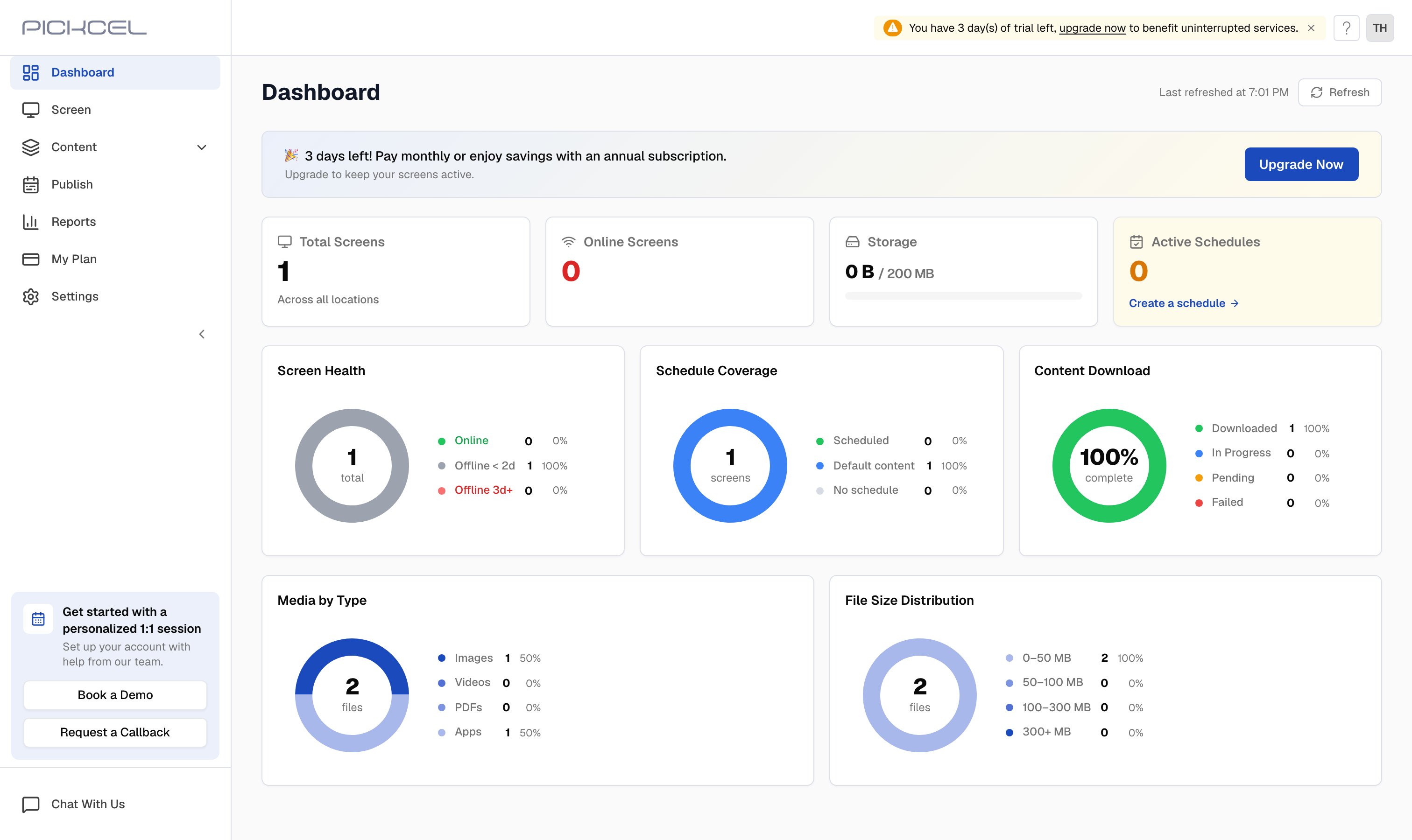 Pickcel console Dashboard giving an at-a-glance overview of screens, content, and storage