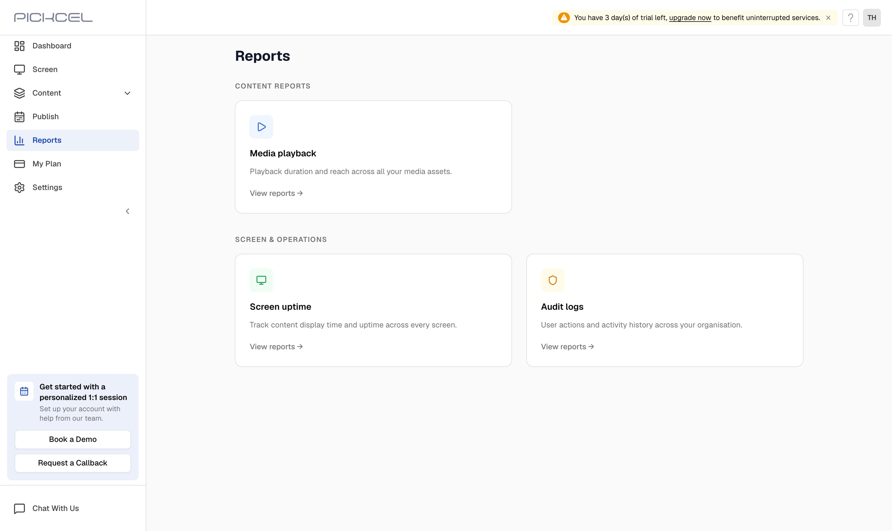 Pickcel Reports hub with Screen uptime under Screen and Operations