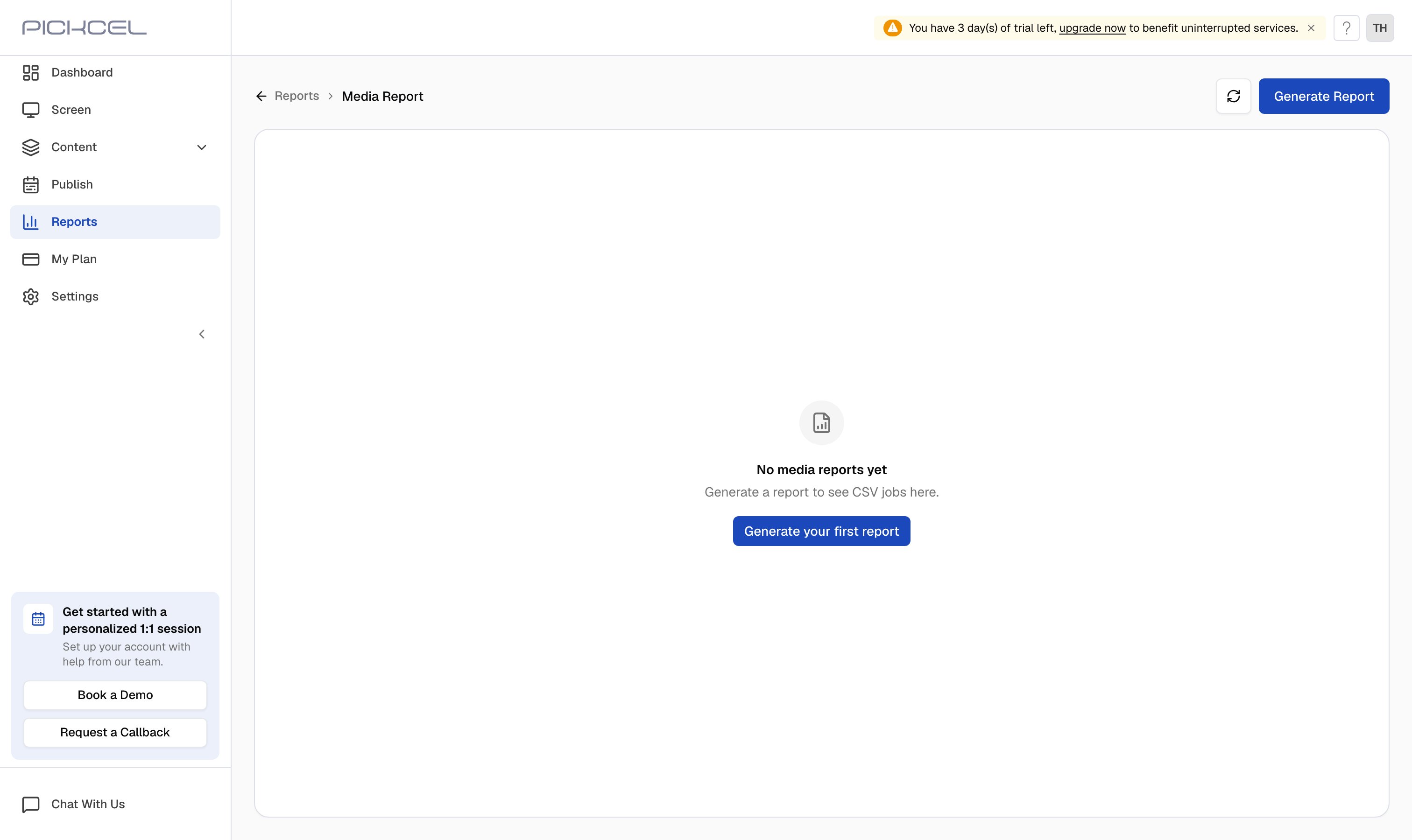 Media reports list page with existing reports and the Generate Report button
