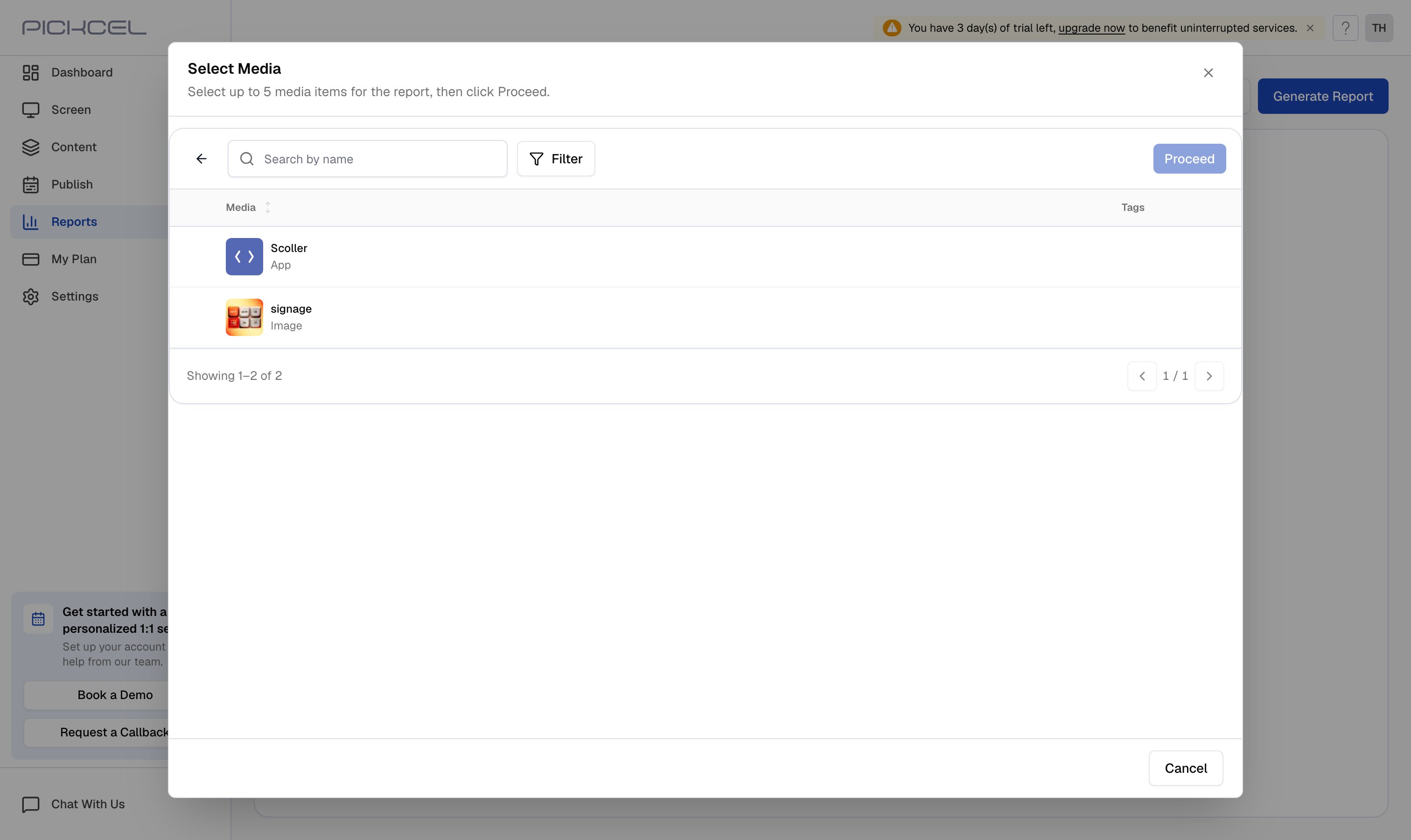 Generate Report dialog showing the media library with search and filter options