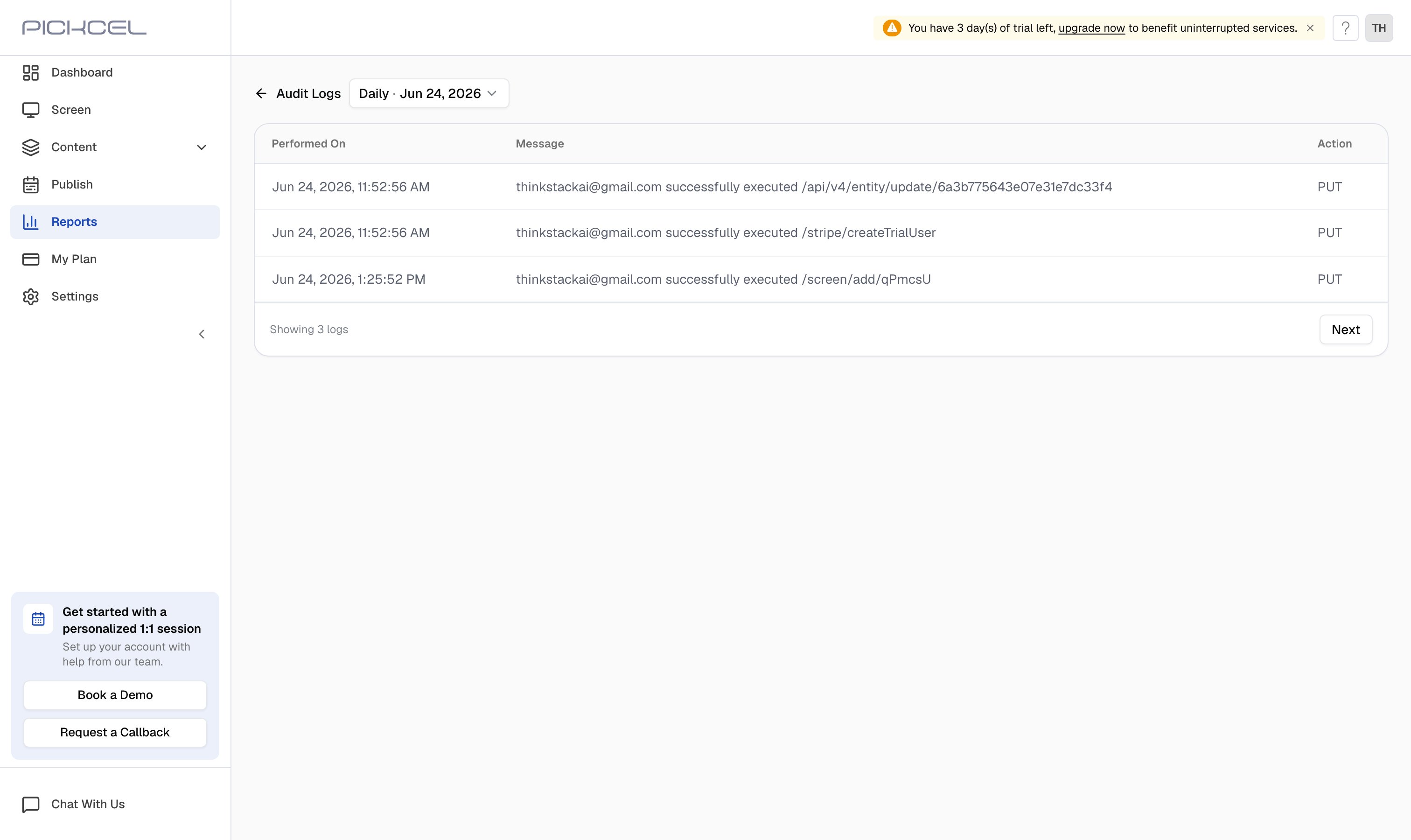 Pickcel Audit logs results table listing user actions with Performed date and Message columns