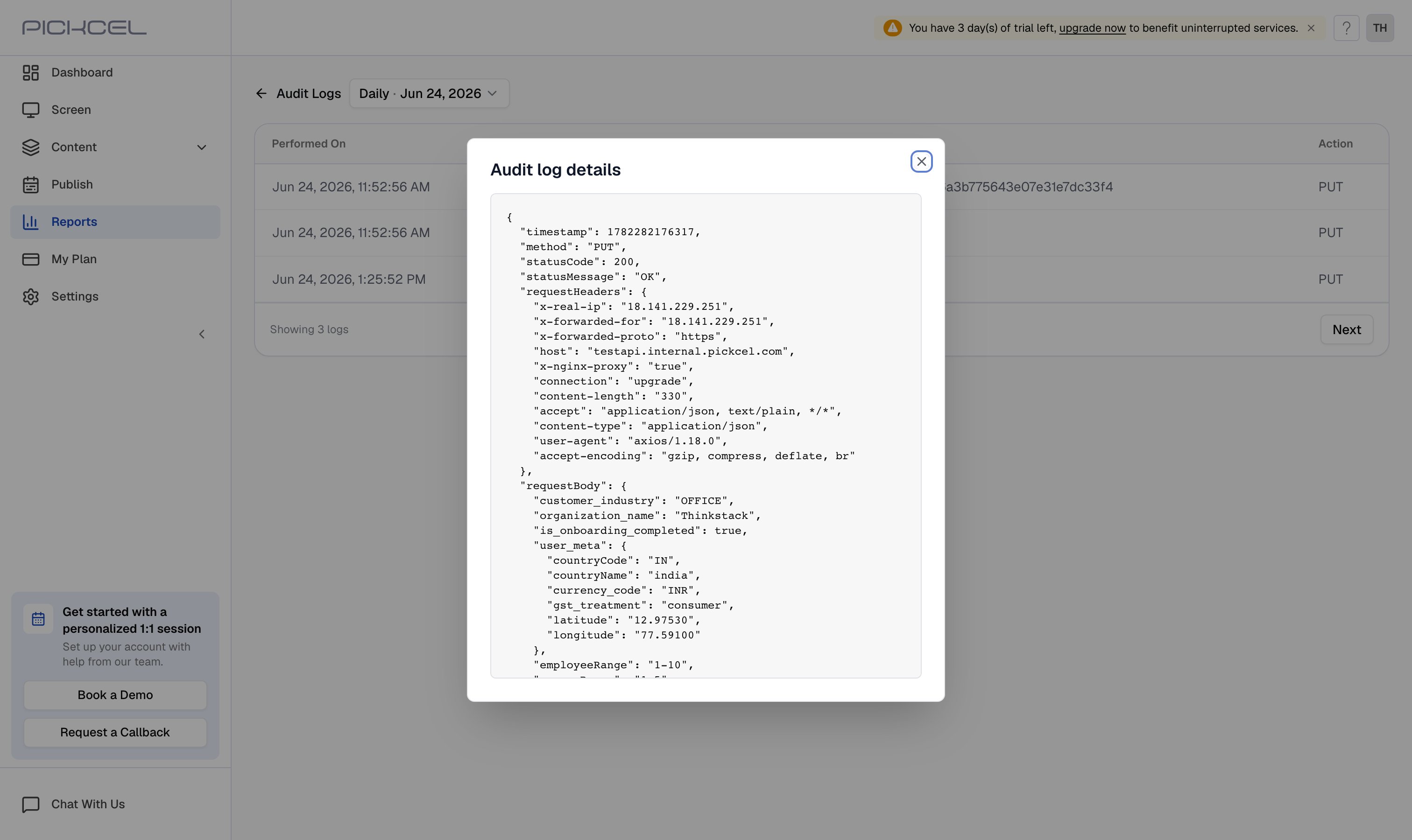 Pickcel Audit logs detail view showing who executed an action, the message, and the date and time