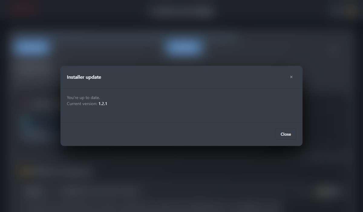 Installer update dialog reporting the app is up to date