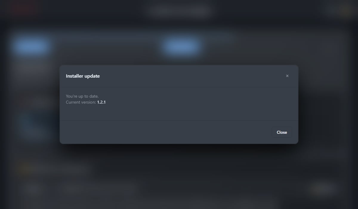 Installer update dialog reporting the app is up to date