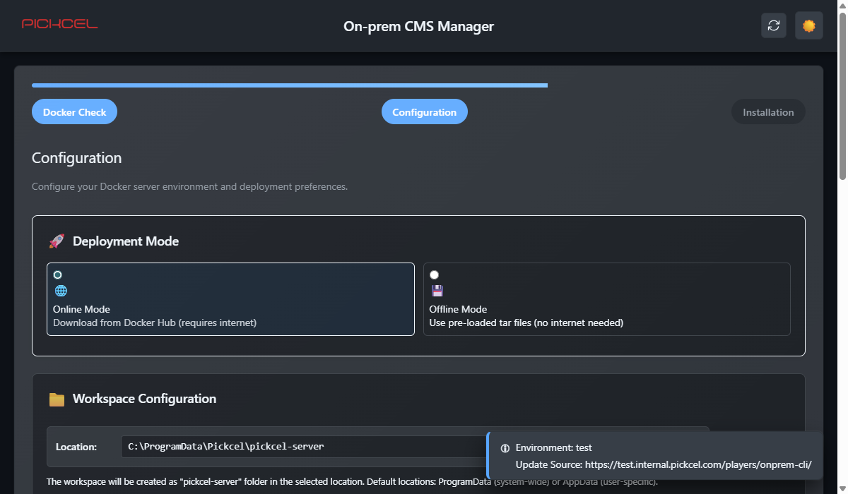 Ctrl+Shift+U toast showing the build environment and installer update source URL
