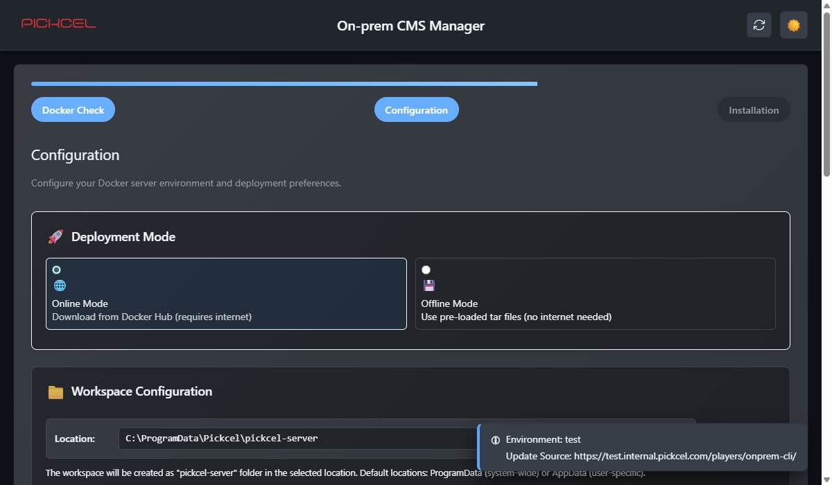 Ctrl+Shift+U toast showing the build environment and installer update source URL