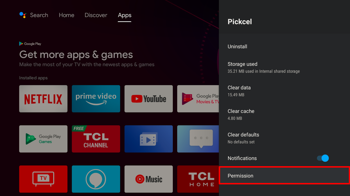 Permissions option in Pickcel app settings